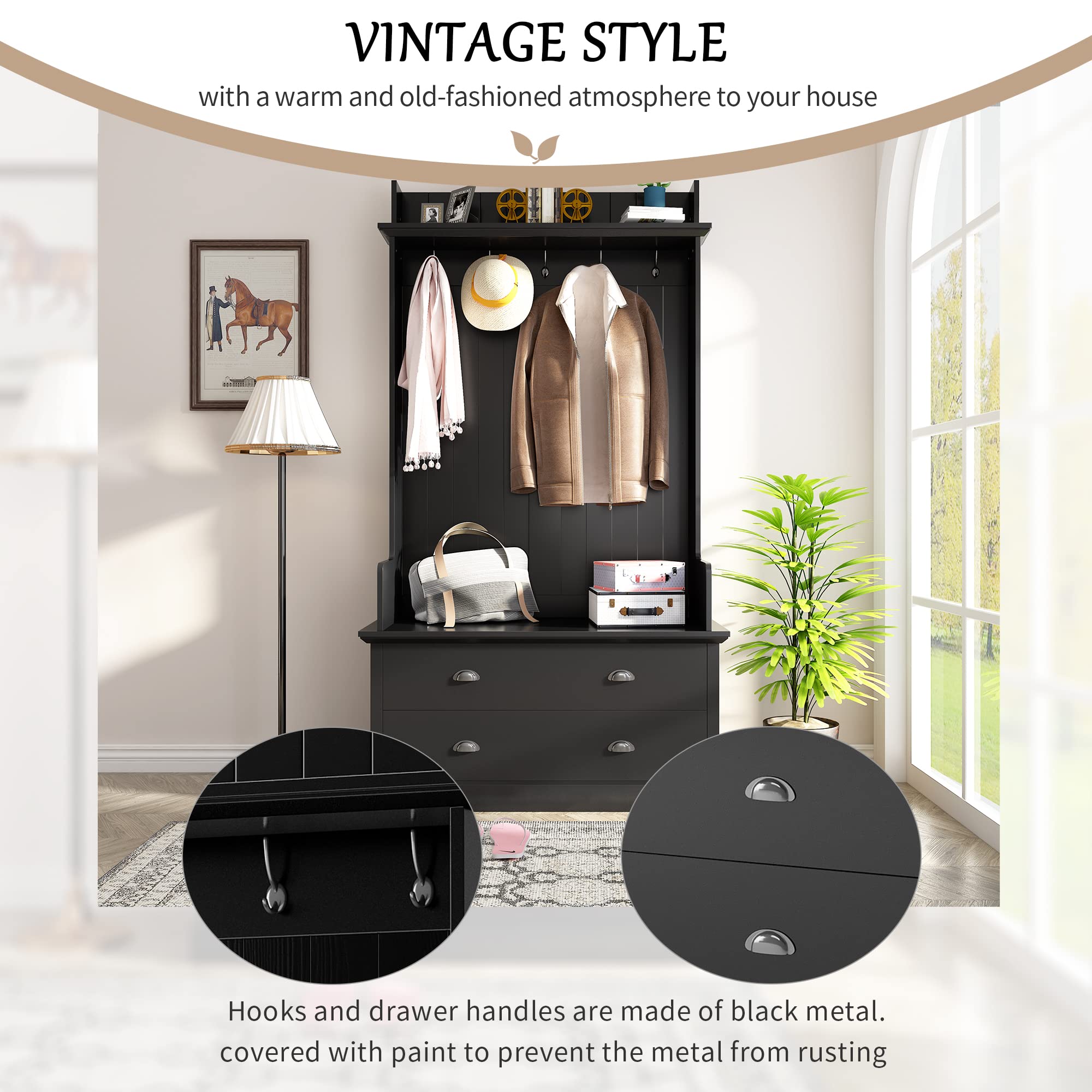 Hall Tree Coat Rack with Storage Bench - Entryway Organizer with 2 Large Drawers & 5 Metal Hooks for Hallway, Living Room | Perfect for Small Spaces, Mudroom & Apartment Entry Organization