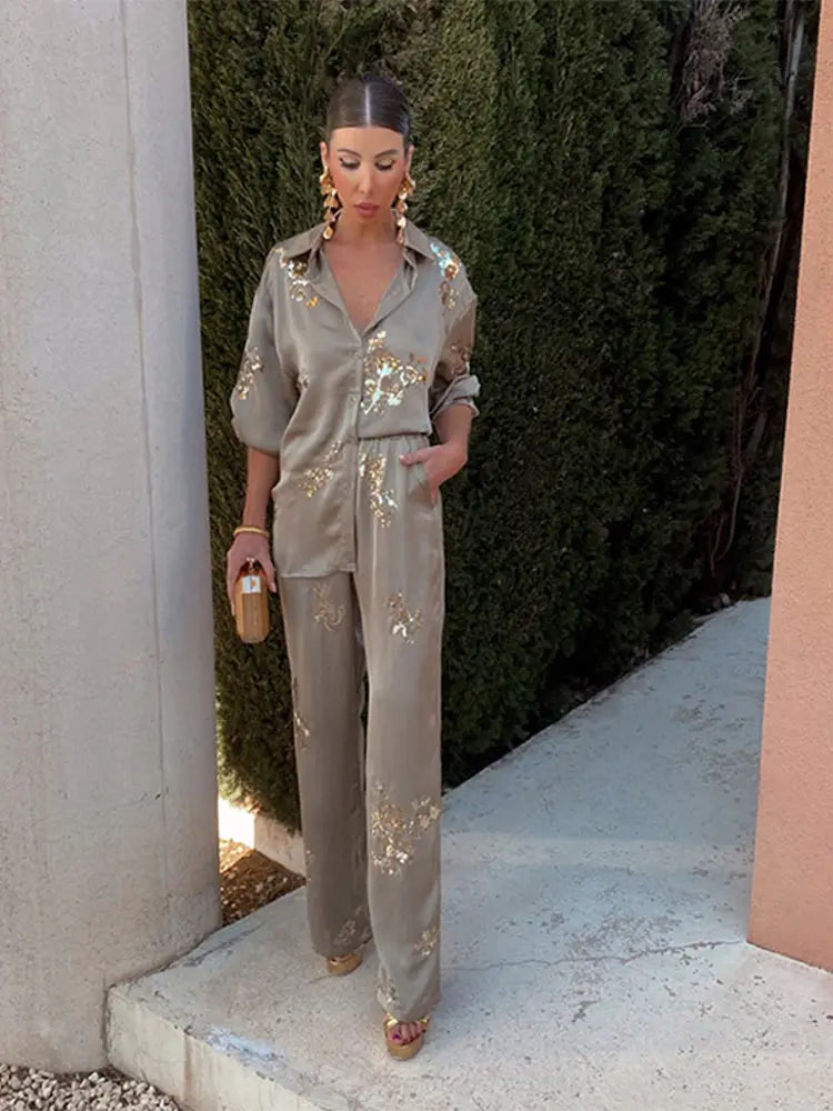 Women's 2-Piece Sequin Shirt & Wide Leg Pants Set - Fashion Print Loose Lapel Long Sleeve Top Elegant Outfit for Party, Dinner & Special Occasions