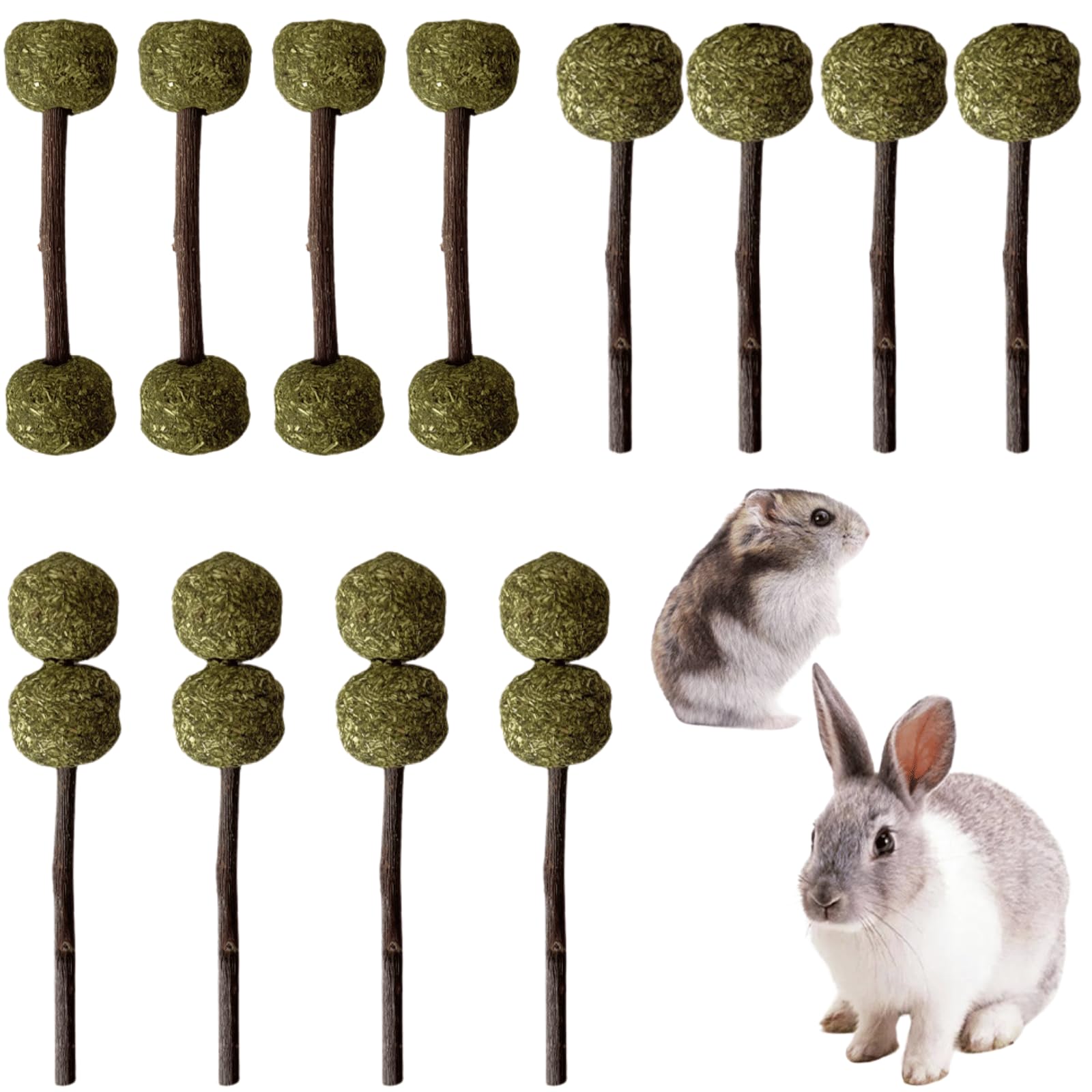 12PCS Natural Rabbit Chew Toys for Teeth - Apple Wood Sticks, Alfalfa Grass Balls & Molar Bars for Chinchillas, Guinea Pigs & Small Pets | Small Animal Dental Care & Stress Relief Toys for Cages, Playtime & Enrichment Activities