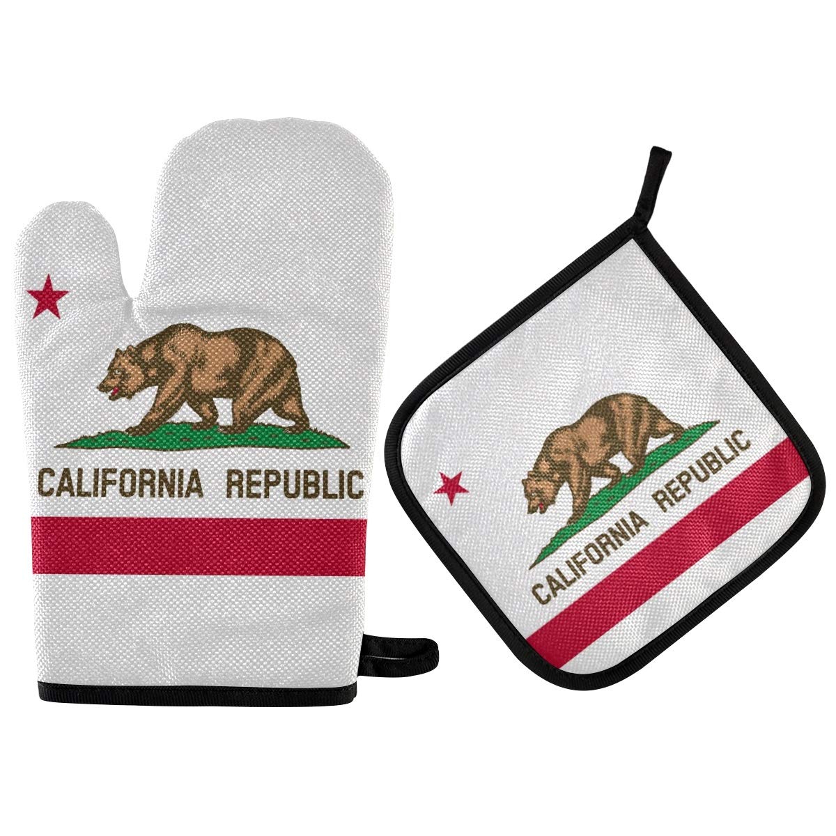 California Bear Flag Oven Mitt & Pot Holder Set - Heat Resistant Kitchen Gloves for Cooking, Baking, Grilling & BBQ - Perfect for Home Chefs & Outdoor Barbecues