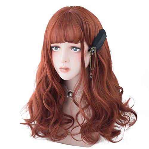 Long Wavy Dark Red Synthetic Lolita Wig with Bangs & Wig Cap - Natural Looking Cosplay Costume Hair for Anime, Halloween, and Daily Fashion Wear