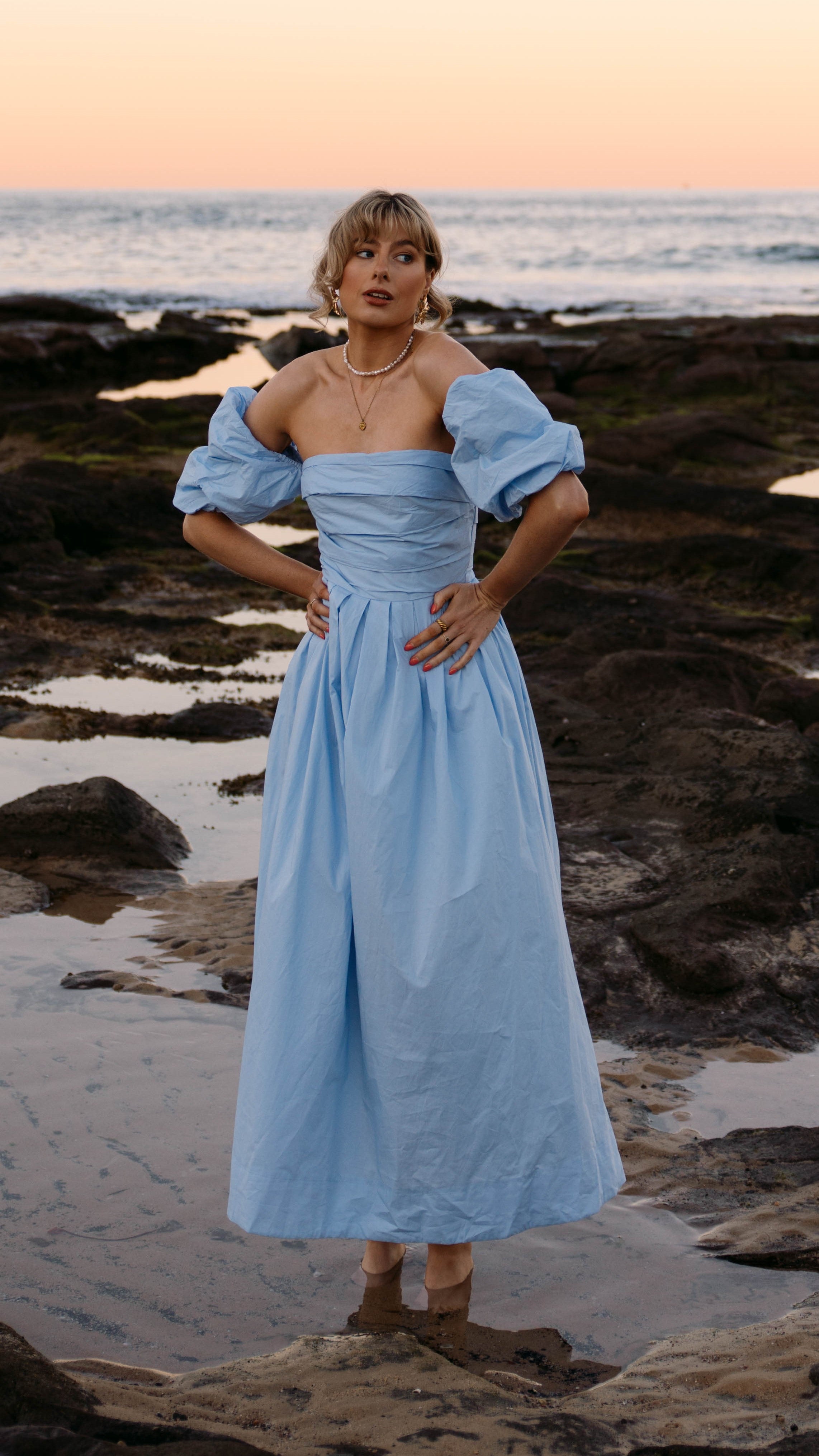 Caelius Midi Dress for Women - Light Blue Flowy Summer Dress for Beach, Wedding & Casual Outings