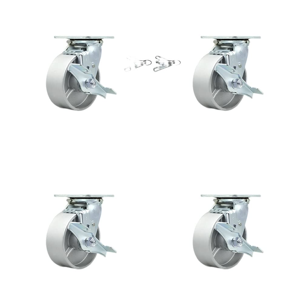 Heavy Duty Cast Iron Swivel Top Plate Casters Set of 4 - 5 Inch Wheels with Brakes & Bolt-On Swivel Locks | Service Caster Brand | Ideal for Industrial Equipment, Workbenches & Warehouse Carts