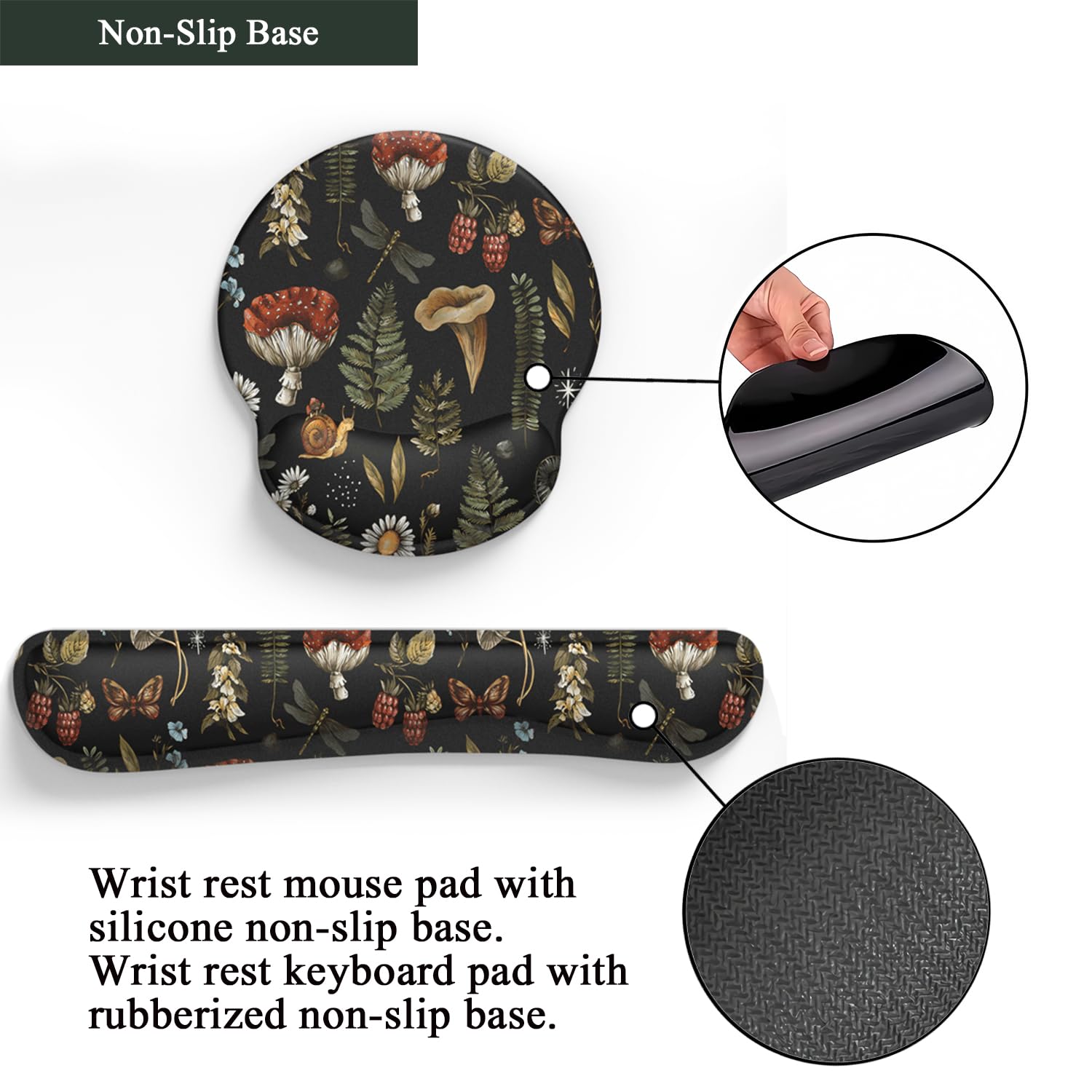 Ergonomic Mushroom Mouse Pad with Wrist Support - Non-Slip PU Desk Pad for Office, Gaming & Typing Comfort - Black Aesthetic Keyboard Wrist Rest Set for Pain Relief & Computer Work