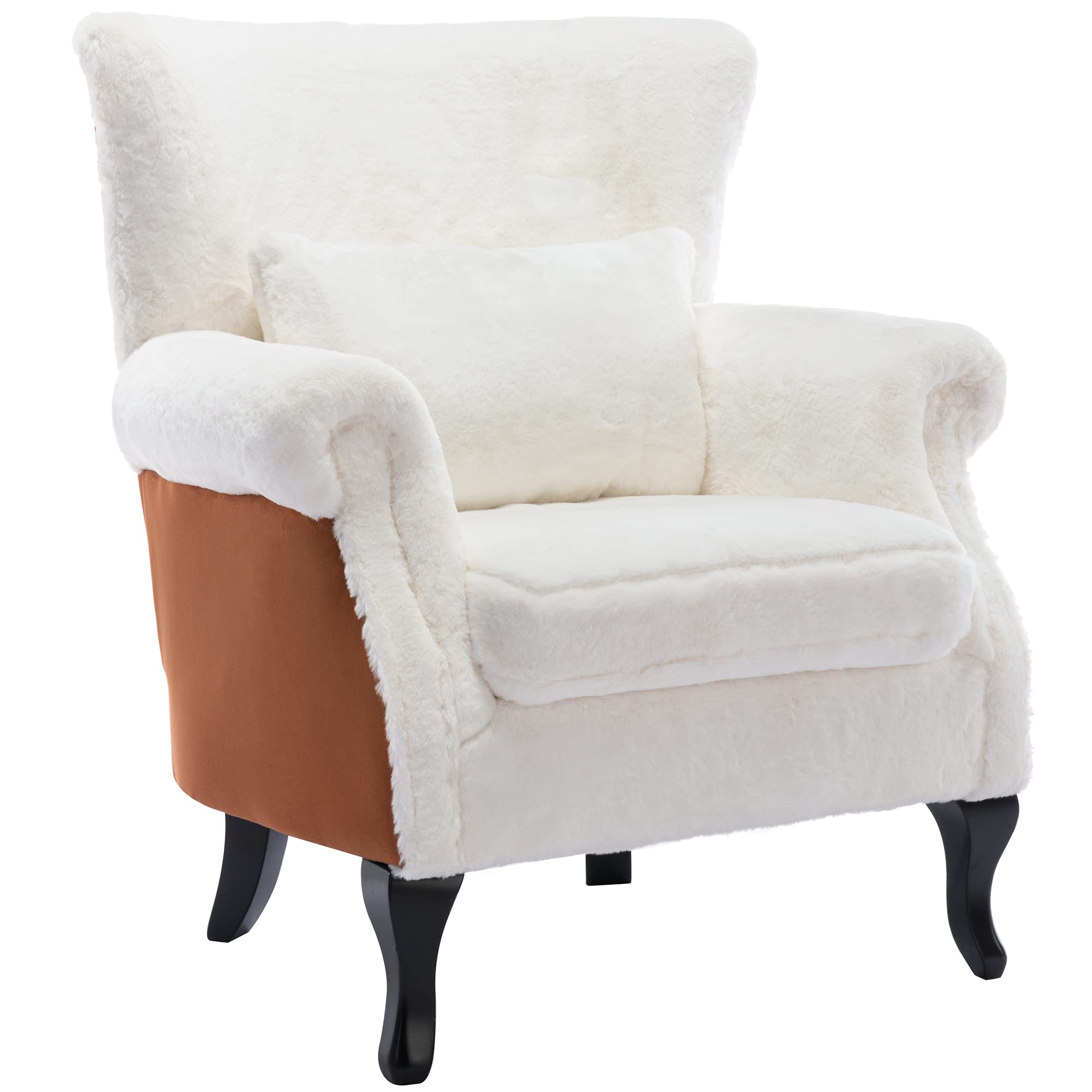 Mid Century Modern Accent Chair - Furry Sherpa Armchair with Pillow, Single Sofa Lounge Chair for Living Room, Bedroom, Office - Cozy Reading & Relaxation - White