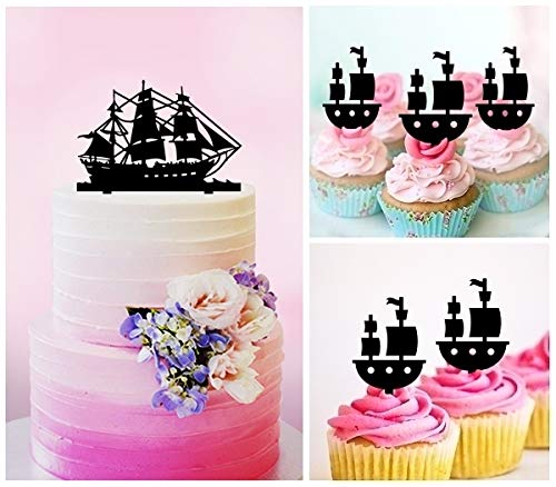 Pirate Ship Cake Topper Set - 11pcs Acrylic Cupcake Toppers for Wedding, Birthday & Party Decorations | Perfect for Nautical Theme Celebrations, Baby Showers and Special Events