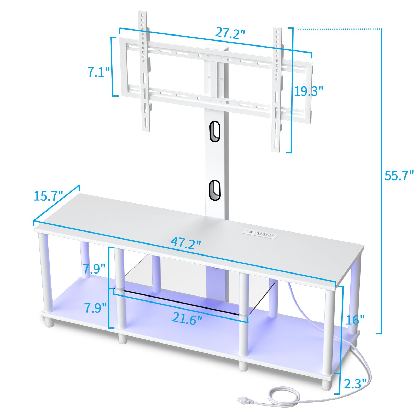 White TV Stand with Power Outlets & LED Lights - Universal Mount for 32 to 70 Inch TVs - Modern Entertainment Center with Open Storage Shelf - Perfect for Bedroom, Living Room or Office Home Decor