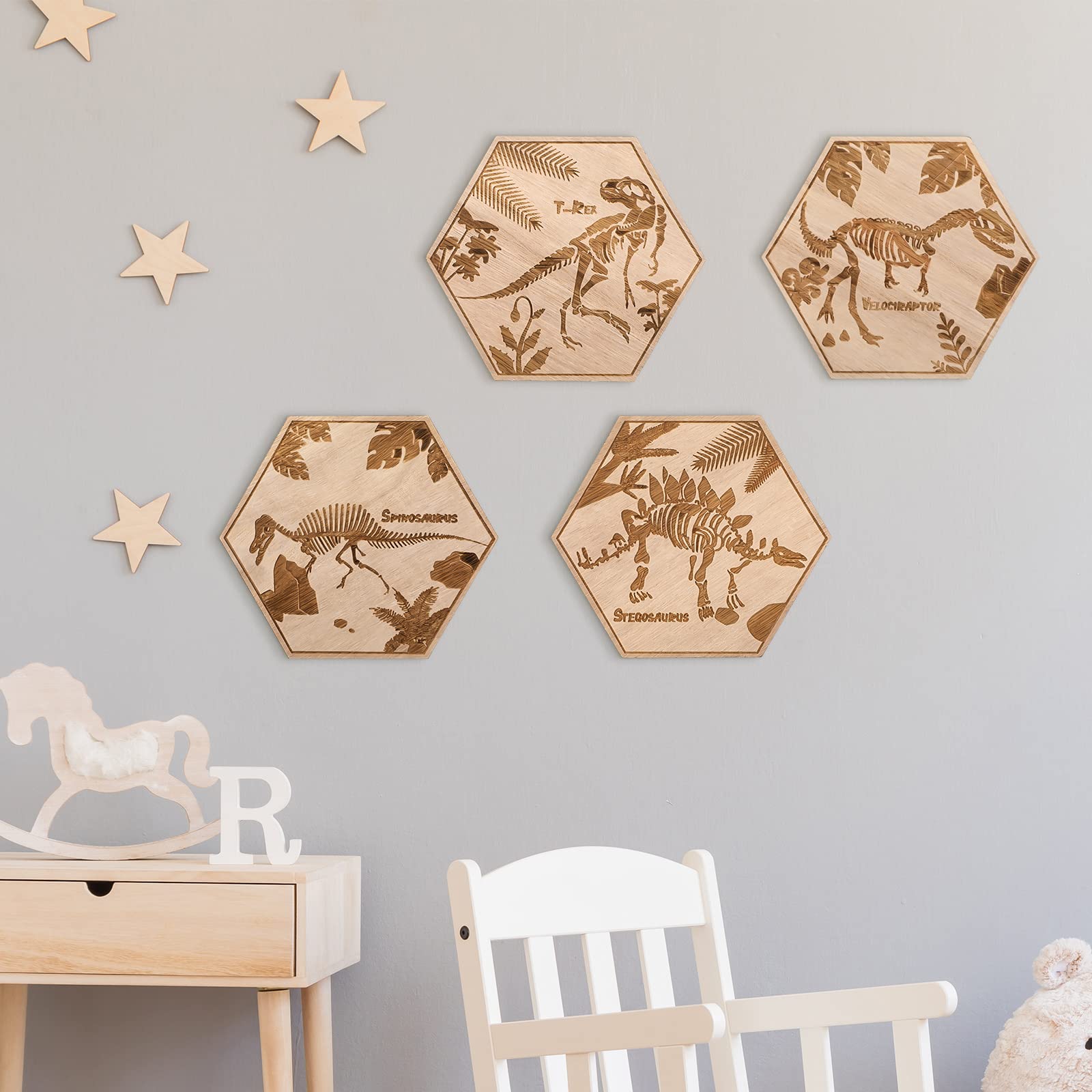 4 Pack Wooden Dinosaur Wall Art Decor - 5.1x5.9 Inch Modern Minimalist Dinosaur Nursery Decor for Boys, Kids Bedroom, Classroom, Playroom & Living Room - Perfect for Dinosaur Themed Rooms & Birthday Party Decorations