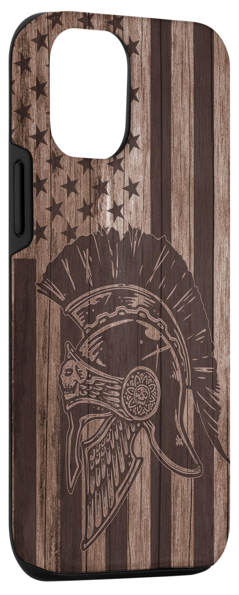 iPhone 12/12 Pro Wooden Case with American Flag & Spartan Warrior Design - Ancient Greek Style Protective Cover for Daily Use, Travel, and Outdoor Activities