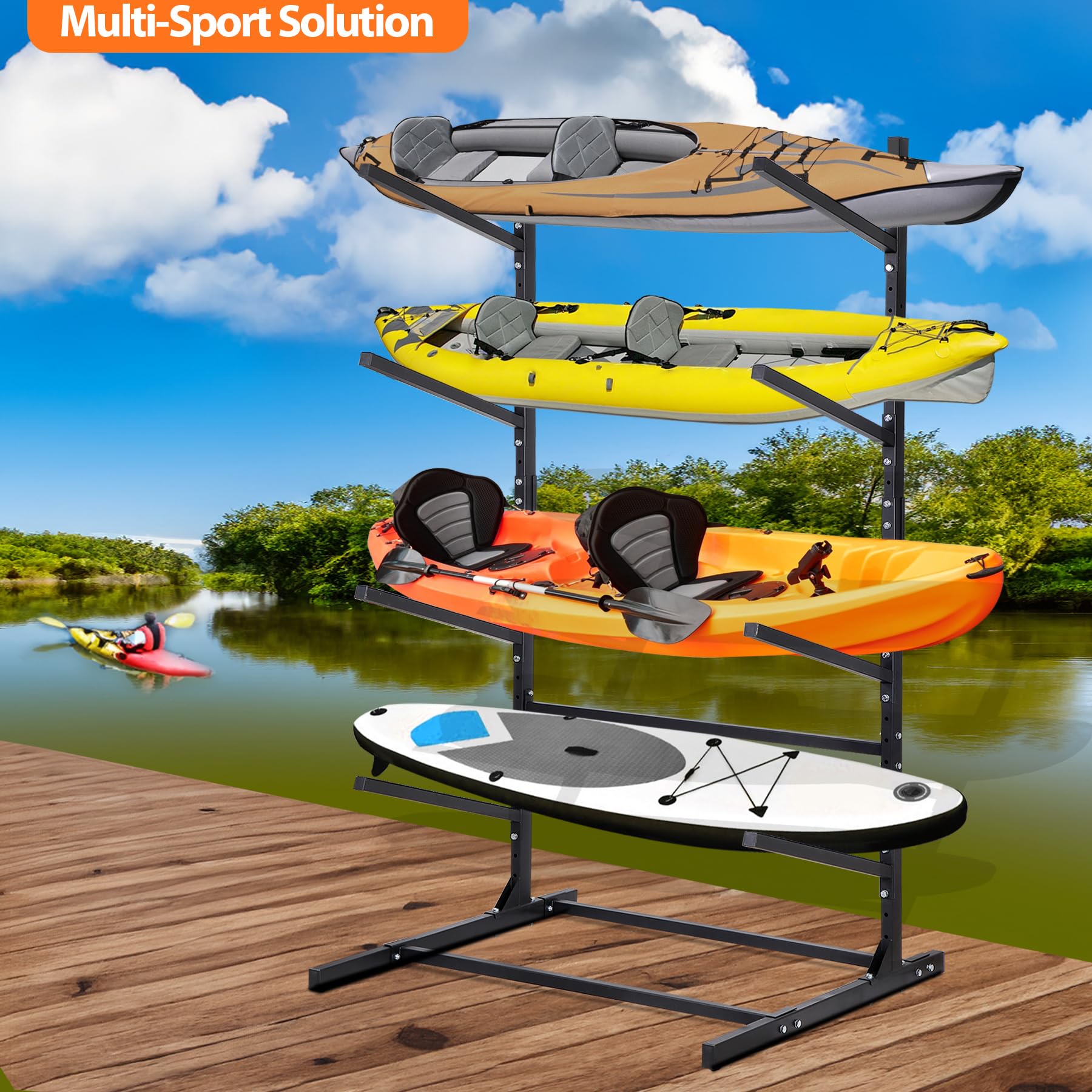 Heavy Duty Freestanding Kayak and SUP Storage Rack - Adjustable Weatherproof Stand for Kayaks, Paddleboards, Canoes & Surfboards - Perfect for Garage, Backyard or Dock Storage