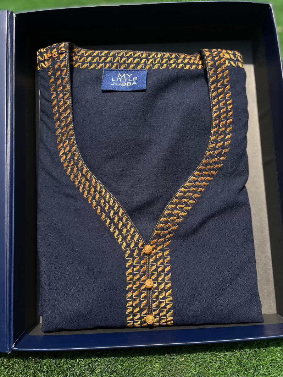 Men's Navy Blue with Orange Embroidery Islamic Thobe 3/4 Sleeve - Traditional Moroccan Kaftan for Eid, Prayer & Special Occasions