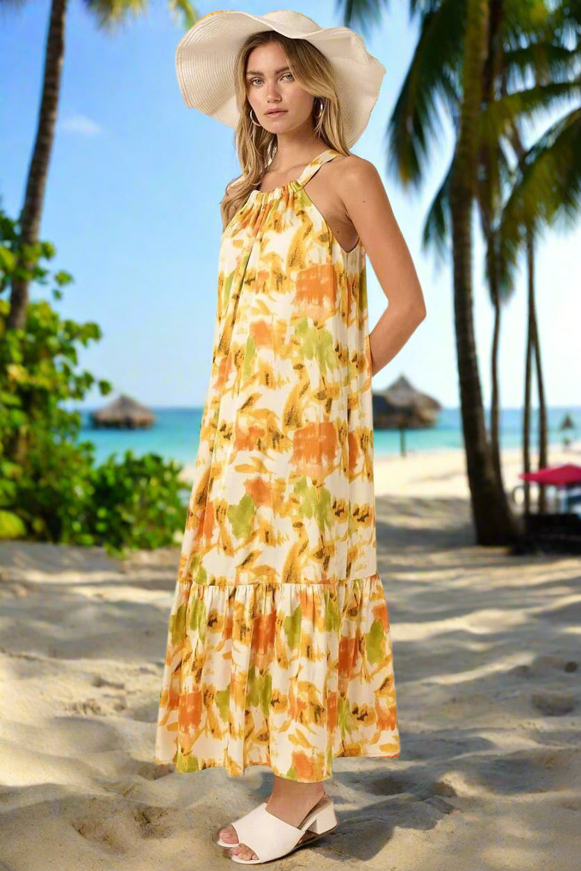 Orange & Yellow Tropical Halter Neck Satin Maxi Dress for Women - Beach Vacation, Summer Party & Resort Wear