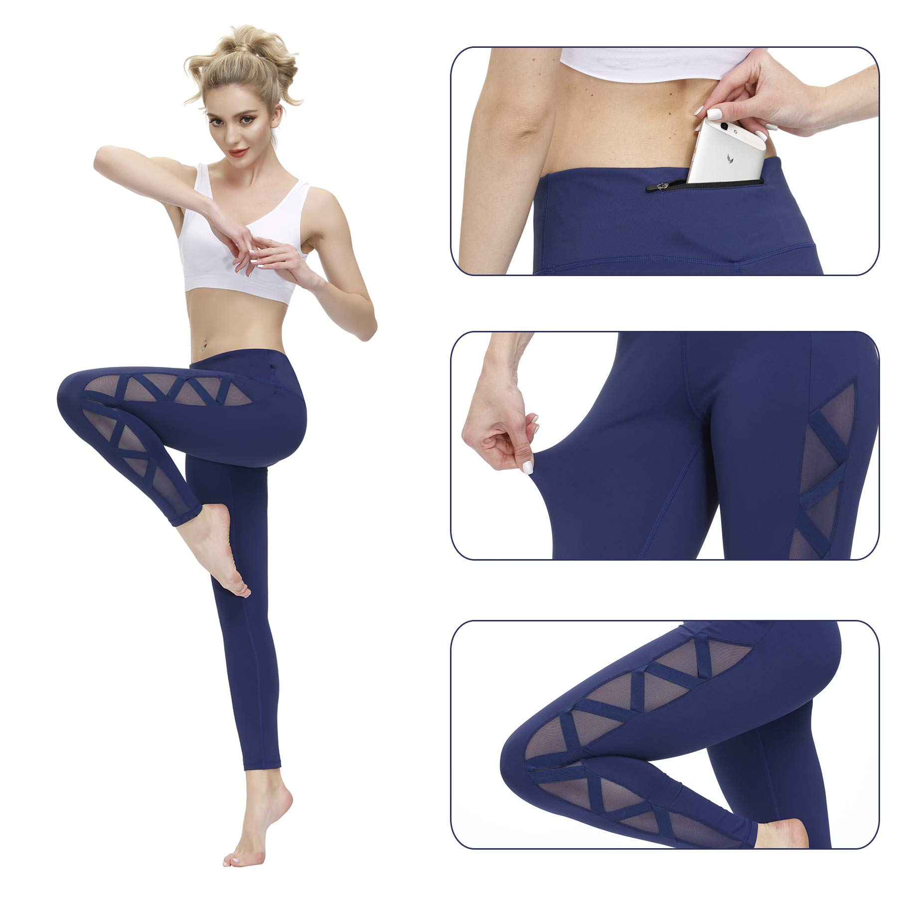 Romansong Women's High Waisted Yoga Pants with Pockets - 4-Way Stretch Tummy Control Mesh Leggings, Non See-Through Capri for Workout, Running & Lounge Wear