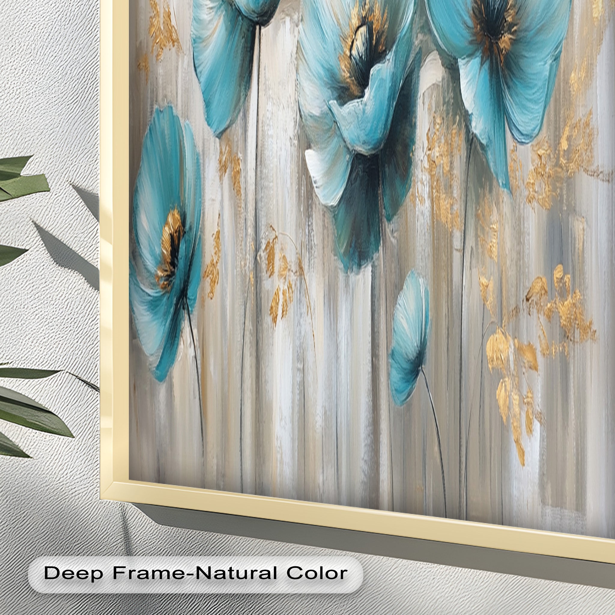 Blue Poppies with Metallic Accents Oil Painting - Floral Wall Art for Living Room, Bedroom & Office Decor