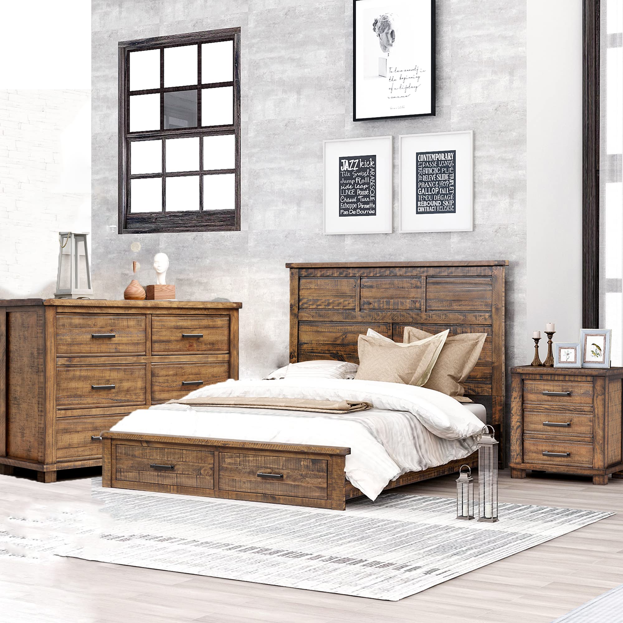 LZ LEISURE ZONE 3-Piece Rustic Reclaimed Solid Wood Bedroom Set - Queen Size Bed, Nightstand & Dresser - Farmhouse Style Natural Wood Finish - Perfect for Master Bedrooms, Guest Rooms & Vacation Homes
