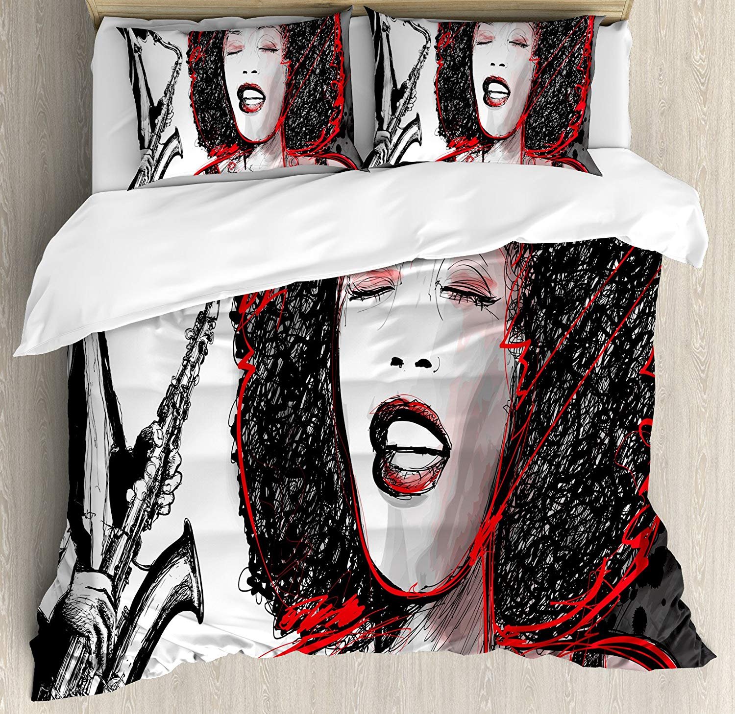 Afro Bedding Set - African American Girl Singing with Saxophone Player Sound Design - 3 Piece Duvet Cover Set for Kids, Teens & Adults - Twin Size Black & Light Grey - Perfect for Jazz Lovers' Bedrooms & Themed Decor