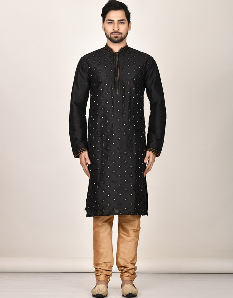 Premium Black Kurta with Dhupion Silk Pajama Set for Men - Traditional Indian Ethnic Wear for Weddings, Festivals & Special Occasions