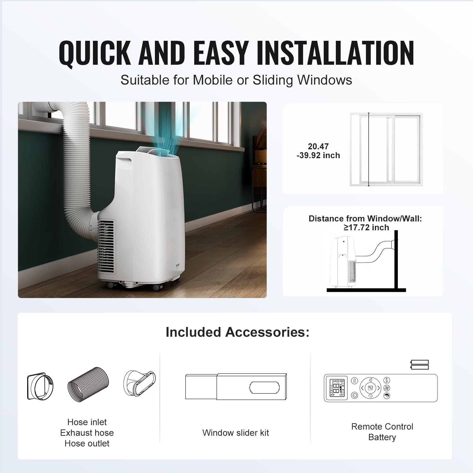 VEVOR 12,000 BTU Portable Air Conditioner - 3-in-1 Cooling, Dehumidifier & Fan for Rooms up to 550 sq.ft - Includes Remote & Window Kit - Perfect for Bedrooms, Living Rooms & Home Offices