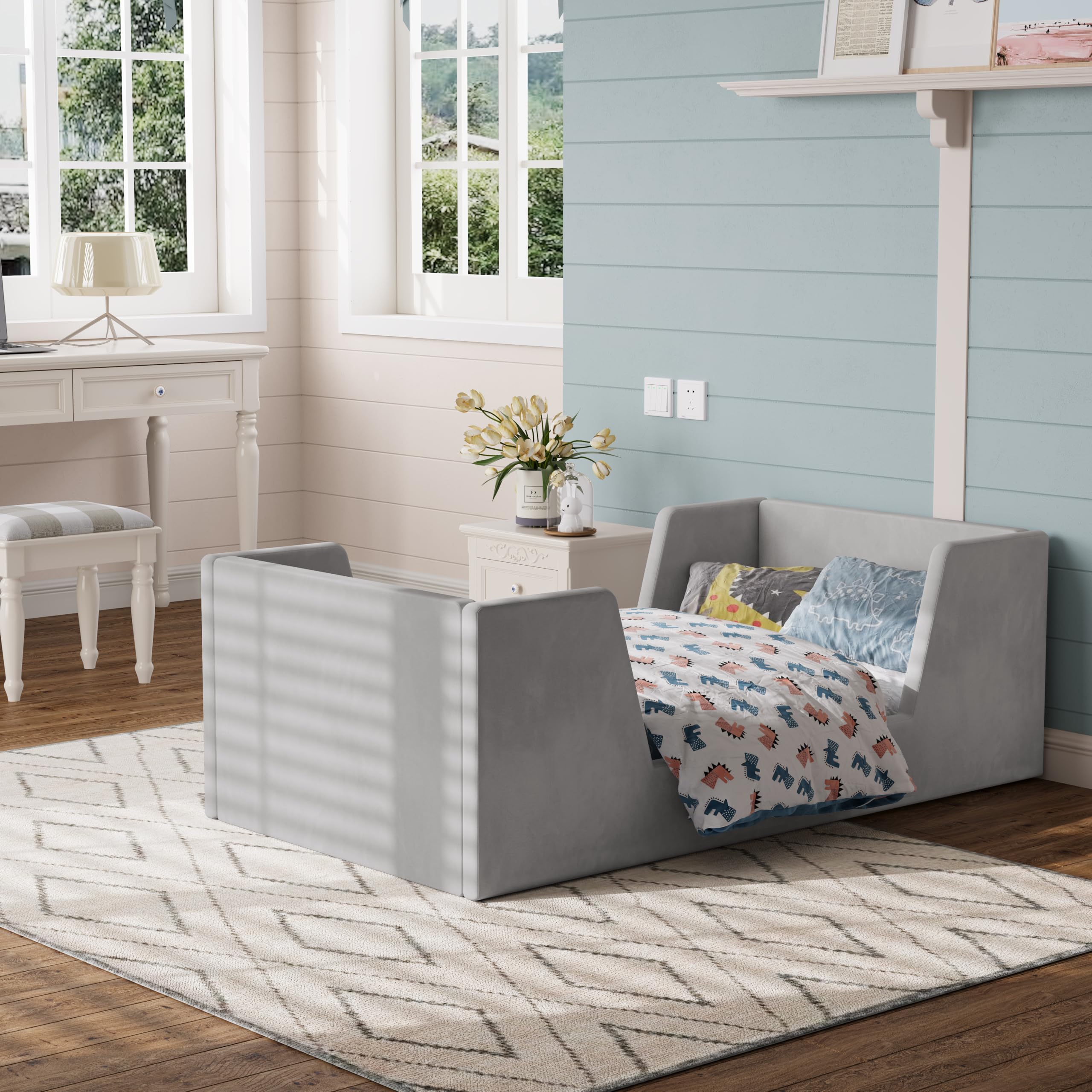 **Toddler Floor Bed Frame with Guard Rails for Kids Ages 2-6 - Safe & Certified Fabric Bed for Boys & Girls - Fits Standard Crib Mattress - Perfect for Montessori Bedrooms & Cozy Nap Spaces**