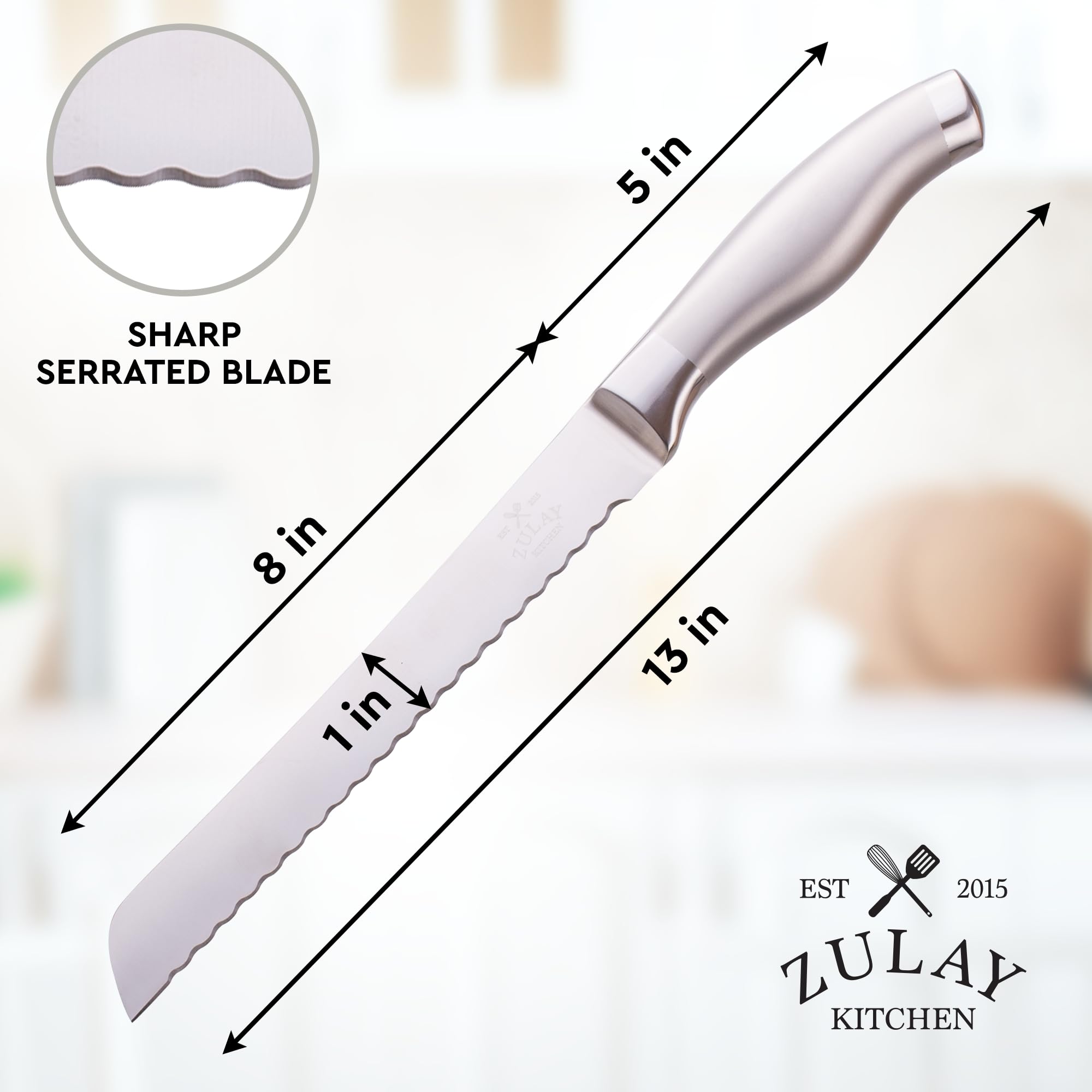 Zulay Kitchen 8-Inch Serrated Bread Knife - Ultra Sharp Stainless Steel Blade for Slicing Bread, Cakes, Bagels & Pastries - Ergonomic 5-Inch Handle - Perfect for Home Baking, Restaurants & Catering