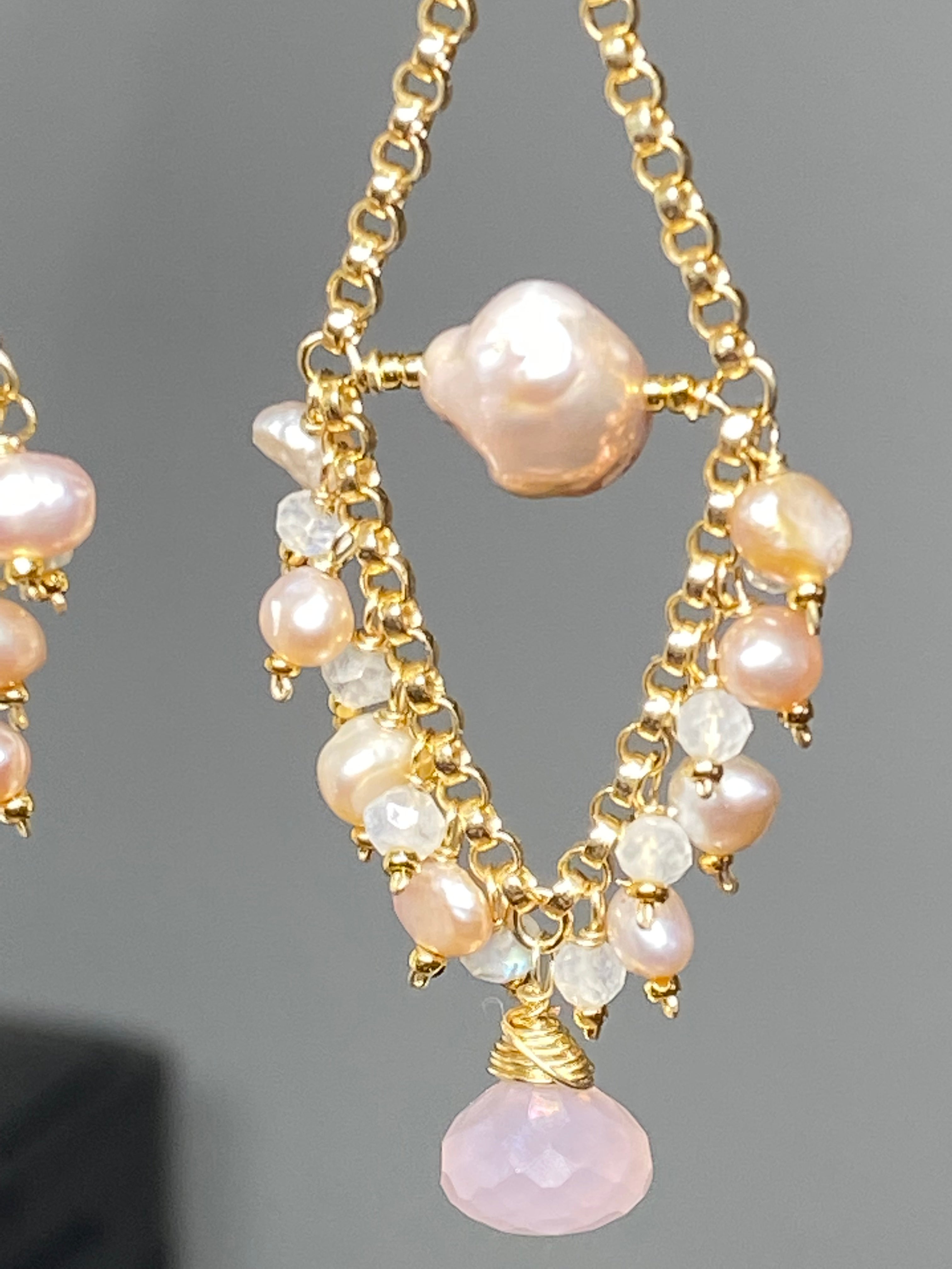 Elegant Pink Pearl & Moonstone Chandelier Earrings for Women | Vintage Boho Wedding Jewelry | Perfect for Bridal, Party & Evening Occasions