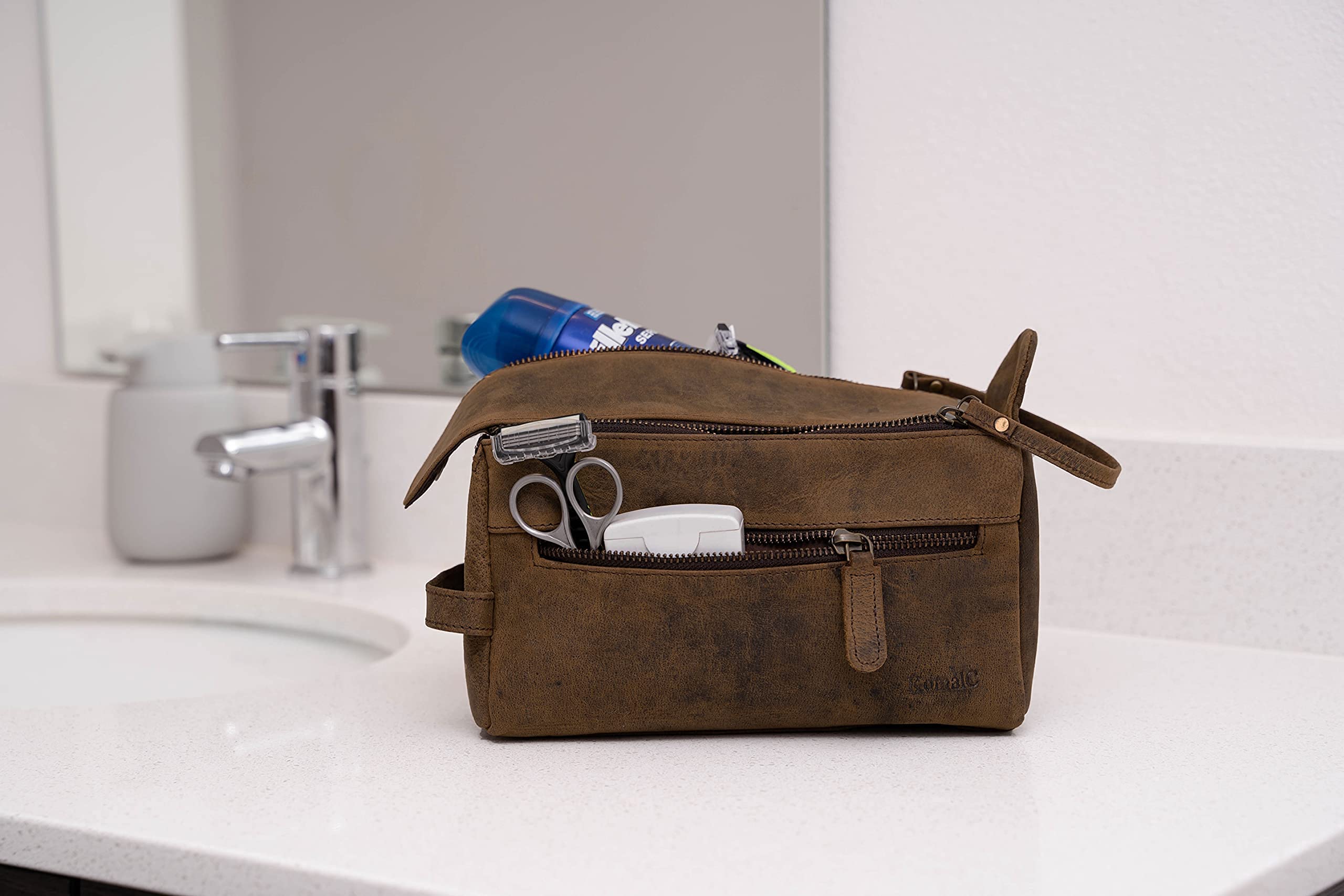 Premium Leather Unisex Toiletry Bag & 28 Inch Travel Duffle Bag Set - Waterproof Dopp Kit & Spacious Overnight Weekender for Men & Women - Perfect for Business Trips, Gym, Camping & Weekend Getaways
