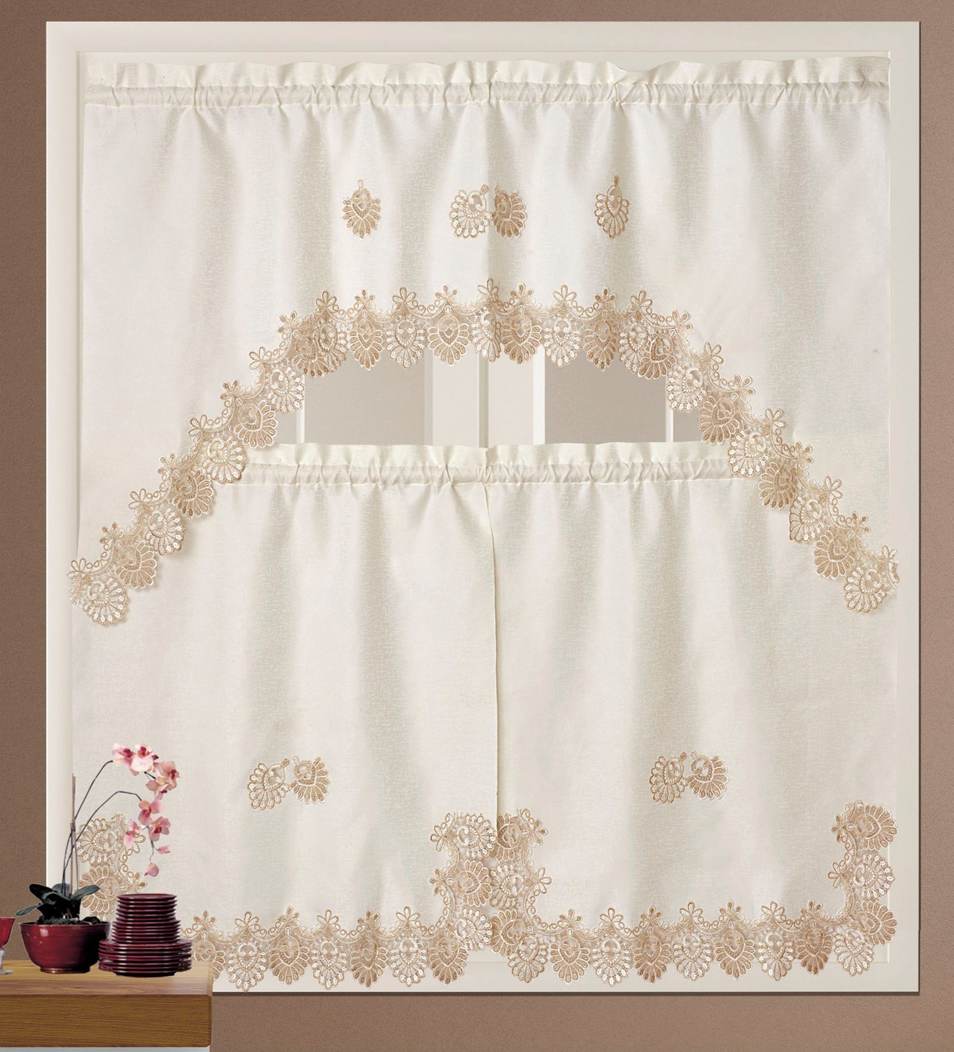 BH Home Royal Macrame 3-Piece Kitchen Curtain Set - Beige Window Treatment for Farmhouse & Boho Style Decor - Perfect for Kitchen Windows, Dining Room & French Doors