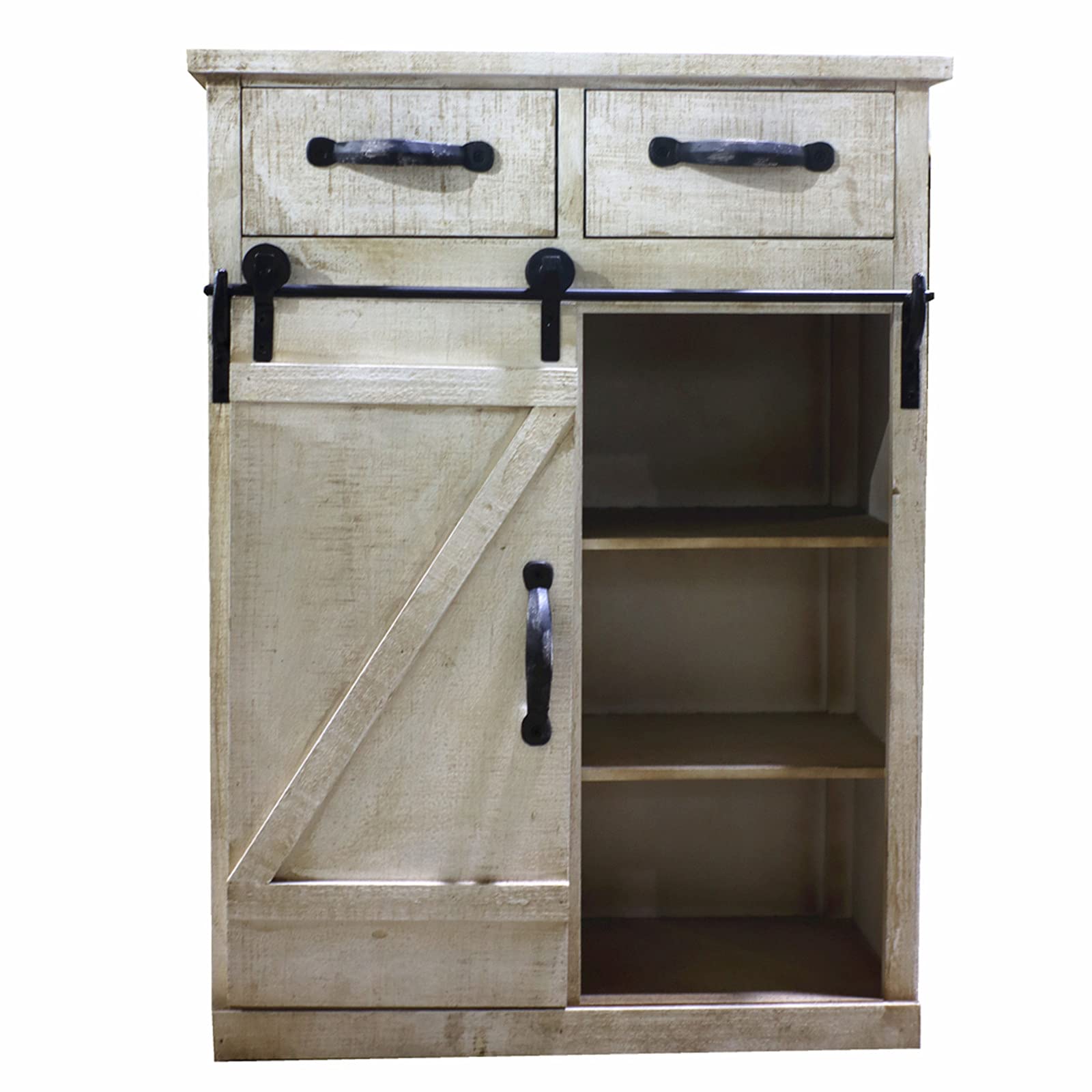 Vintage White Wooden Barn Door Cabinet with 2 Drawers - Classic Country Style Storage for Bedroom, Living Room & Entryway