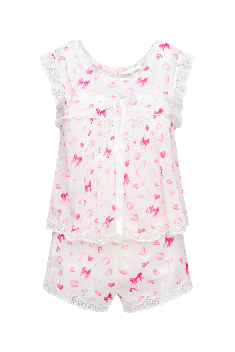 Sprouse Bow & Kiss Print Cotton Pajama Set for Women - Soft Sleepwear & Loungewear for Cozy Nights & Relaxing at Home