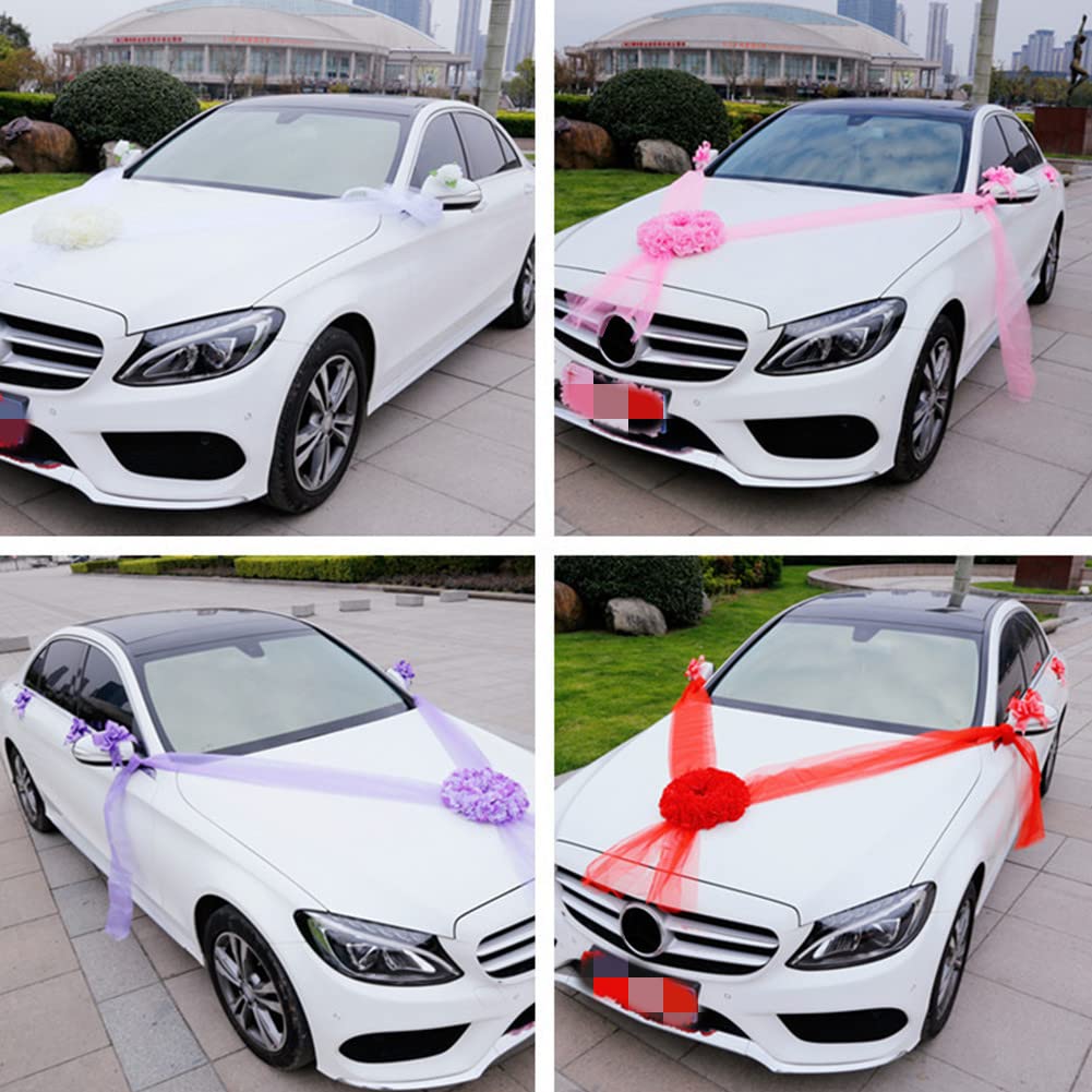 Wedding Car Flower Decoration - Artificial Rose & Large Bow Bridal Car Decor for Wedding Ceremonies, Pink, Perfect for Bridal Car Arrivals and Wedding Processions