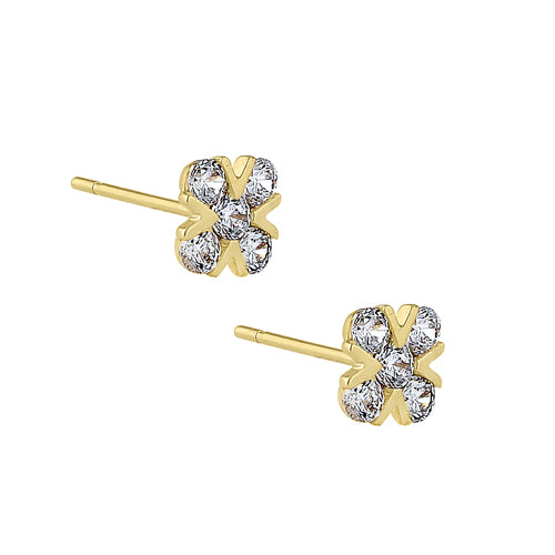 14K Solid Yellow Gold X-Shaped CZ Stud Earrings - Sparkling Round Cubic Zirconia for Women, Perfect for Parties, Weddings & Everyday Elegance