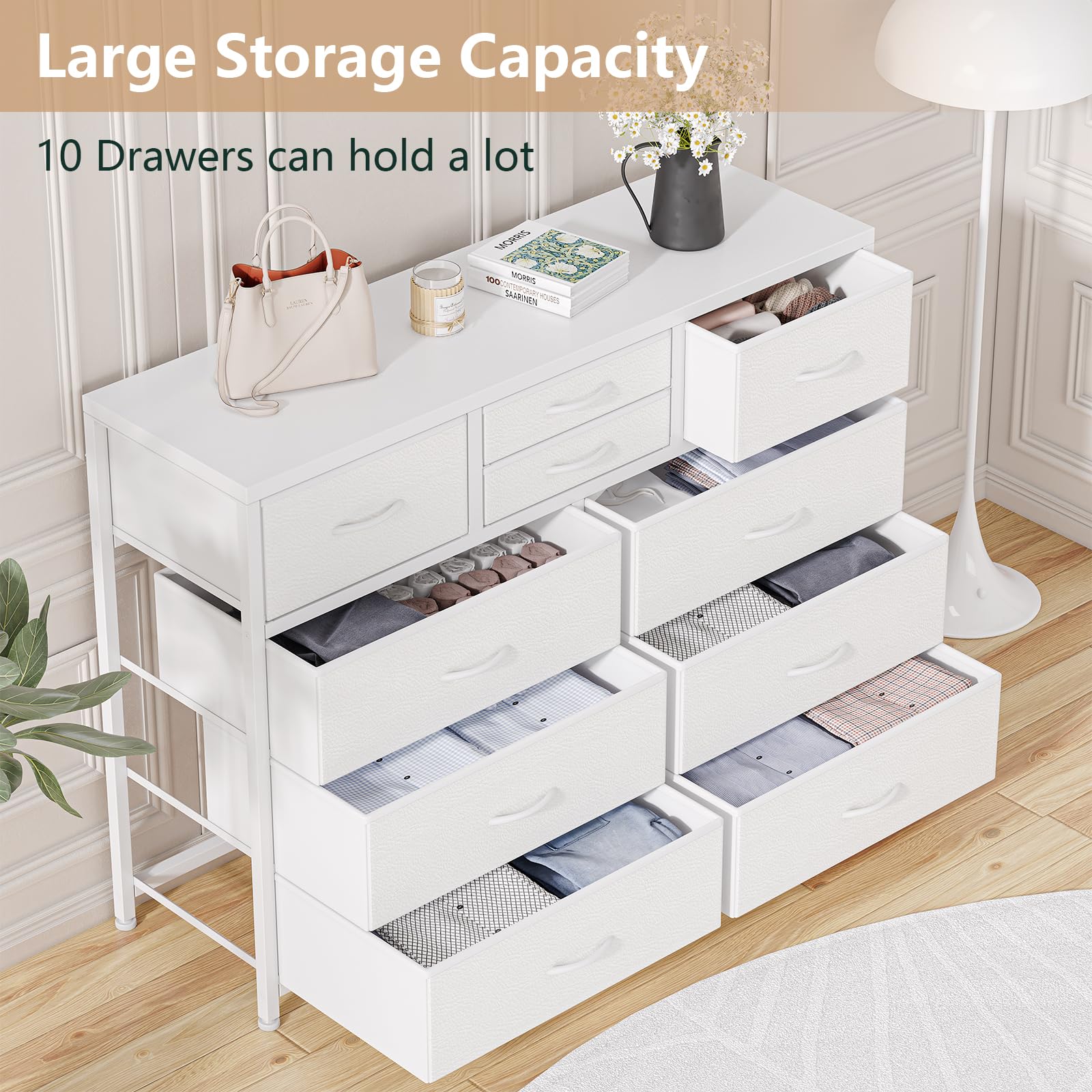 Jojoka 10-Drawer Wide Dresser with Wood Top & Steel Frame - Fabric Storage Cabinet for Bedroom, Hallway, Nursery, Closet - Perfect TV Stand & Entertainment Center Organizer (White)