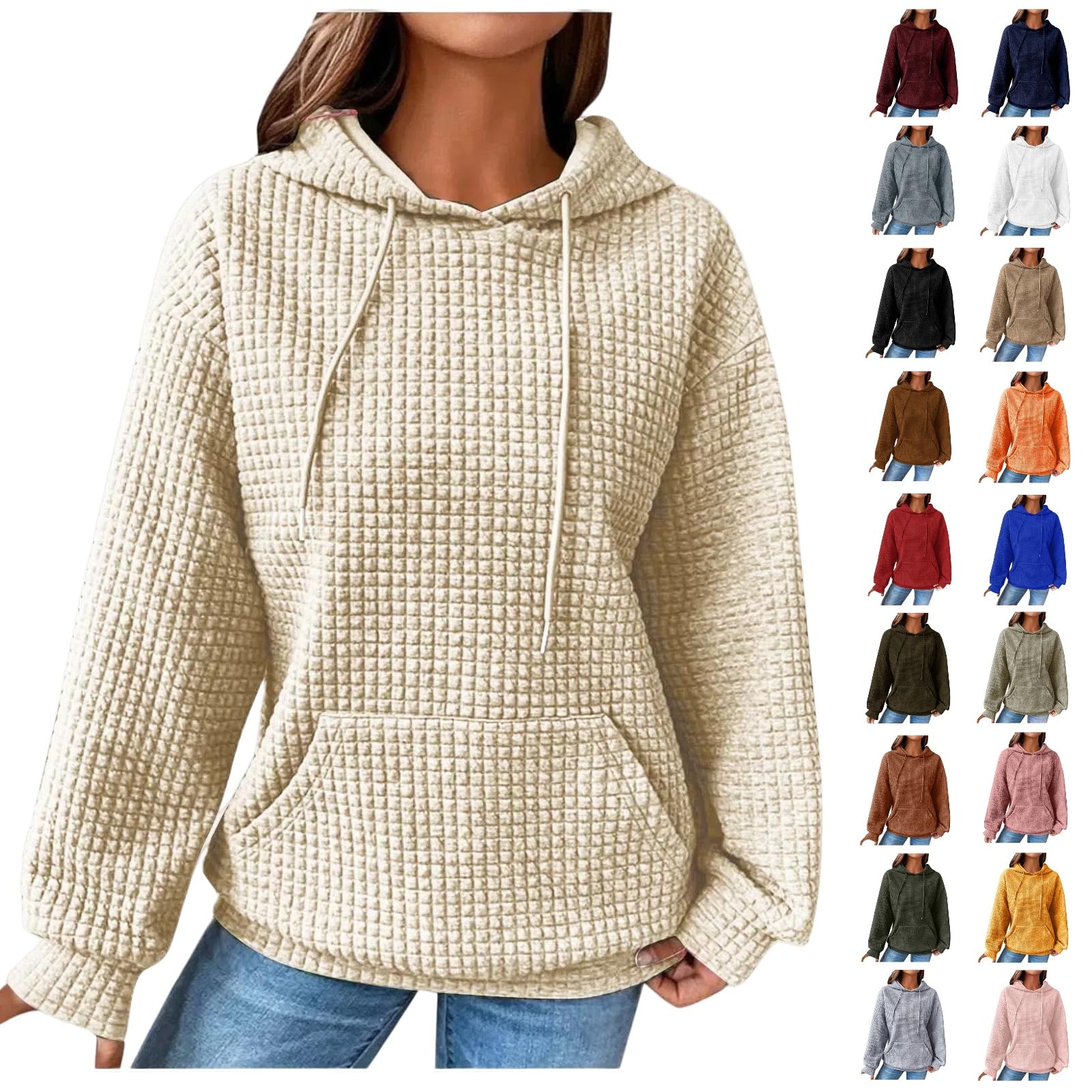 Women's Casual Waffle Knit Hoodie - Drawstring Pullover Sweatshirt | Fall Fashion 2024 Trendy Loose Fit Comfy Clothes | Perfect for Autumn Outings, Coffee Dates & Cozy Loungewear