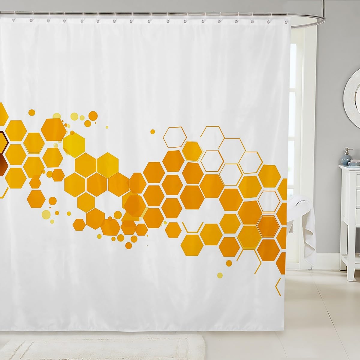 Feelyou Honeycomb Hexagon Fabric Shower Curtain - Waterproof Geometric Bathroom Decor with 12 Hooks for Kids & Teens (72x72 Inches) - Perfect for Bee-Themed Bathrooms, Kids' Rooms, and Modern Home Decor