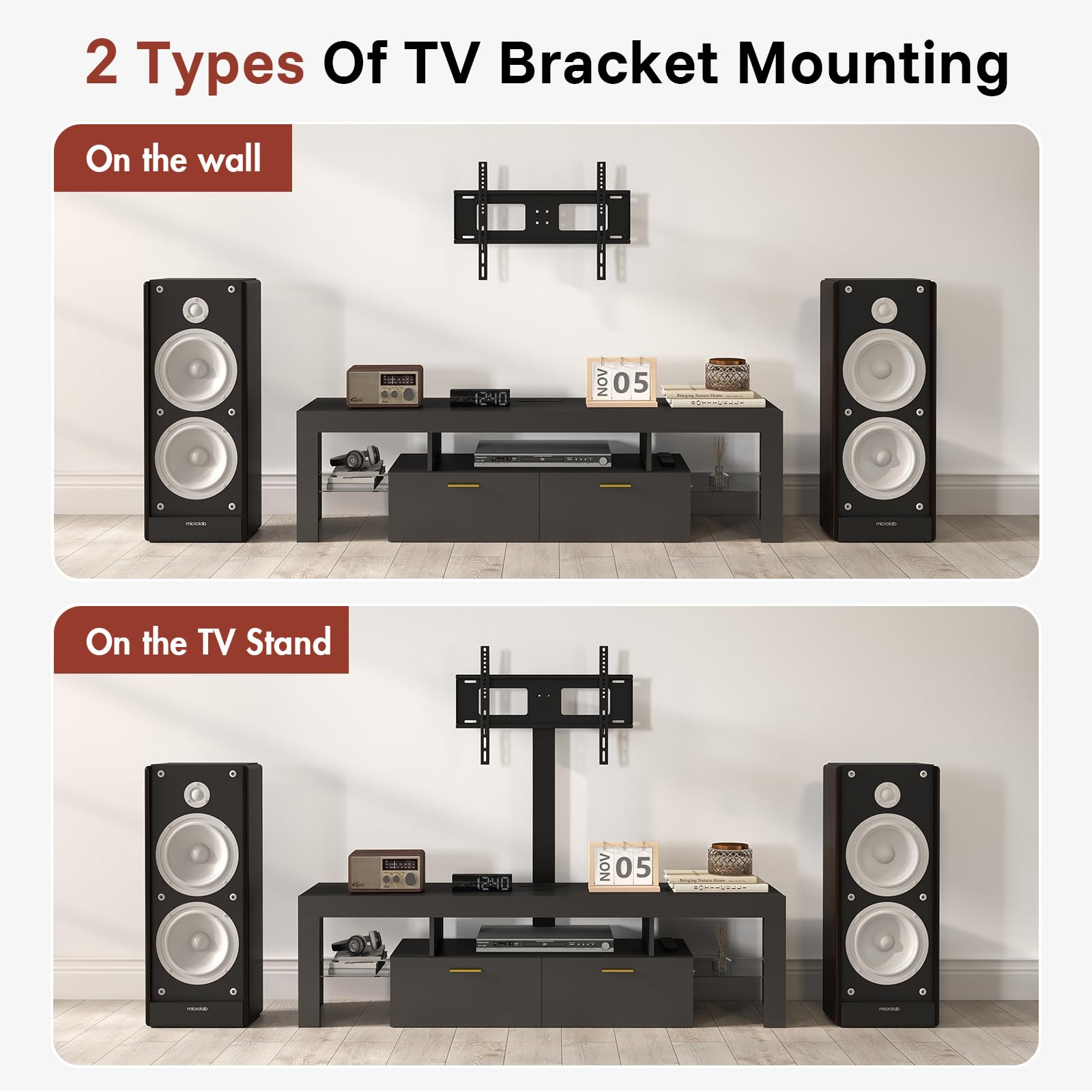 Modern TV Stand with Mount - TV Console with 2 AC Outlets & RGB LED Lights for 80 Inch TVs - Double Cabinet Storage - 40° Adjustable TV Mount - Pure Black - Perfect for Living Room, Bedroom & Home Theater Setup