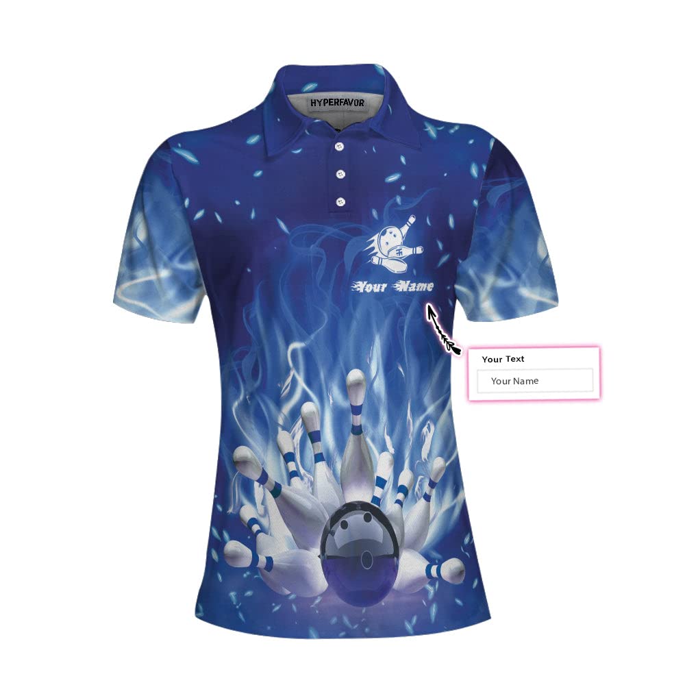 Custom Blue Flame Bowling Polo Shirt for Women - Personalized Short Sleeve Polo Shirt for Female Bowlers - Breathable Sporty Top for Bowling League & Casual Wear - Perfect Gift for Bowling Enthusiasts