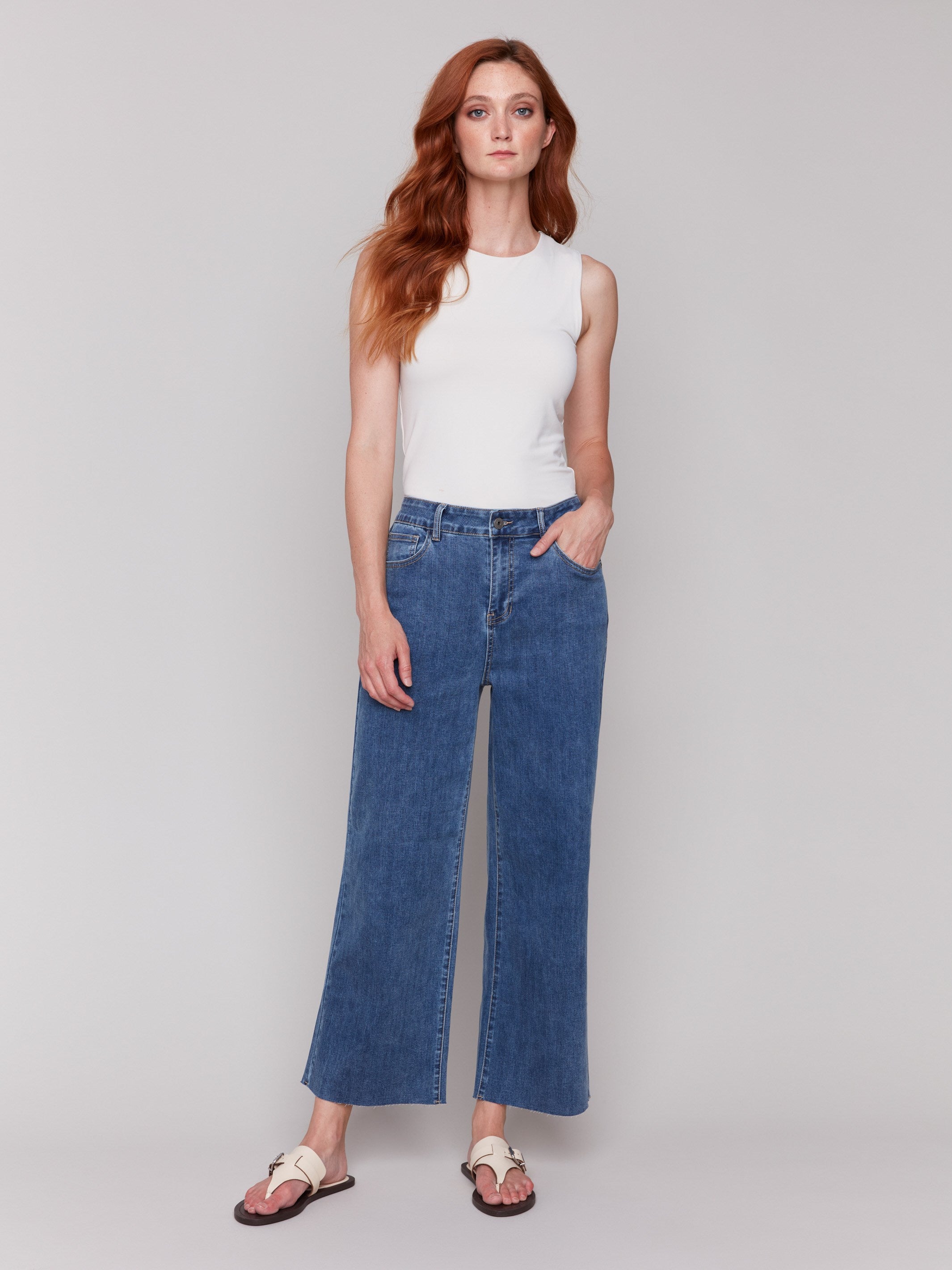 Stylish Wide Leg Raw Hem Jeans for Women - Medium Blue Wash | Comfortable & Trendy High Waist Denim Pants for Casual Outfits & Everyday Wear