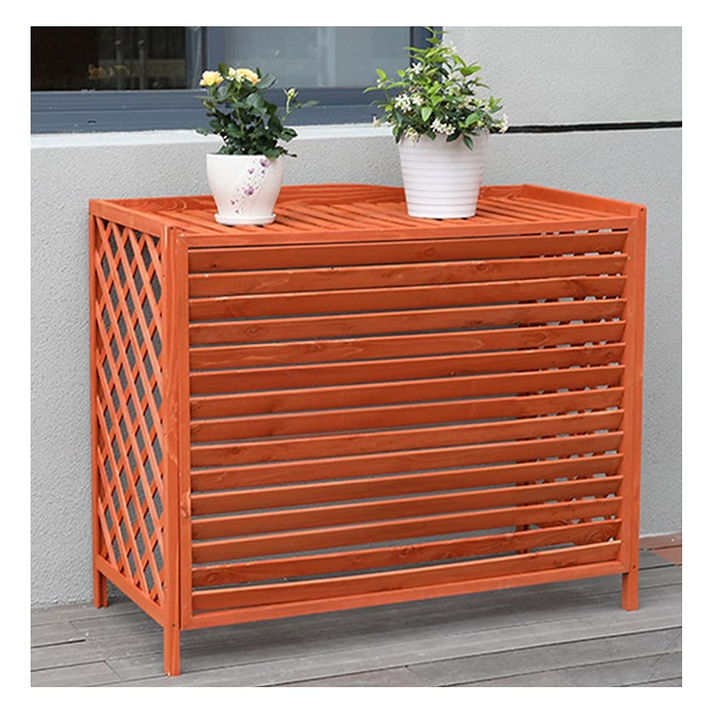 Wooden Air Conditioner Cover with Plant Shelf - Ventilated Dustproof Sunproof Design with Tie Ropes for Dryer & Fan - Perfect for Home, Garden & Laundry Room (Orange, 110x58x109cm)