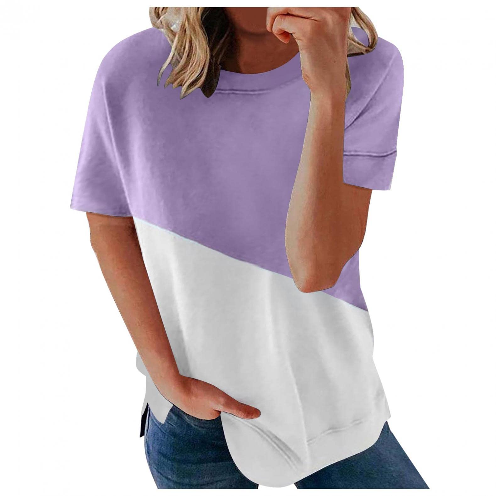 Women's Color Block Crewneck Tunic Tops - Short Sleeve Casual & Dressy Summer Tees - Perfect for Office Wear, Weekend Outings & Vacation Outfits