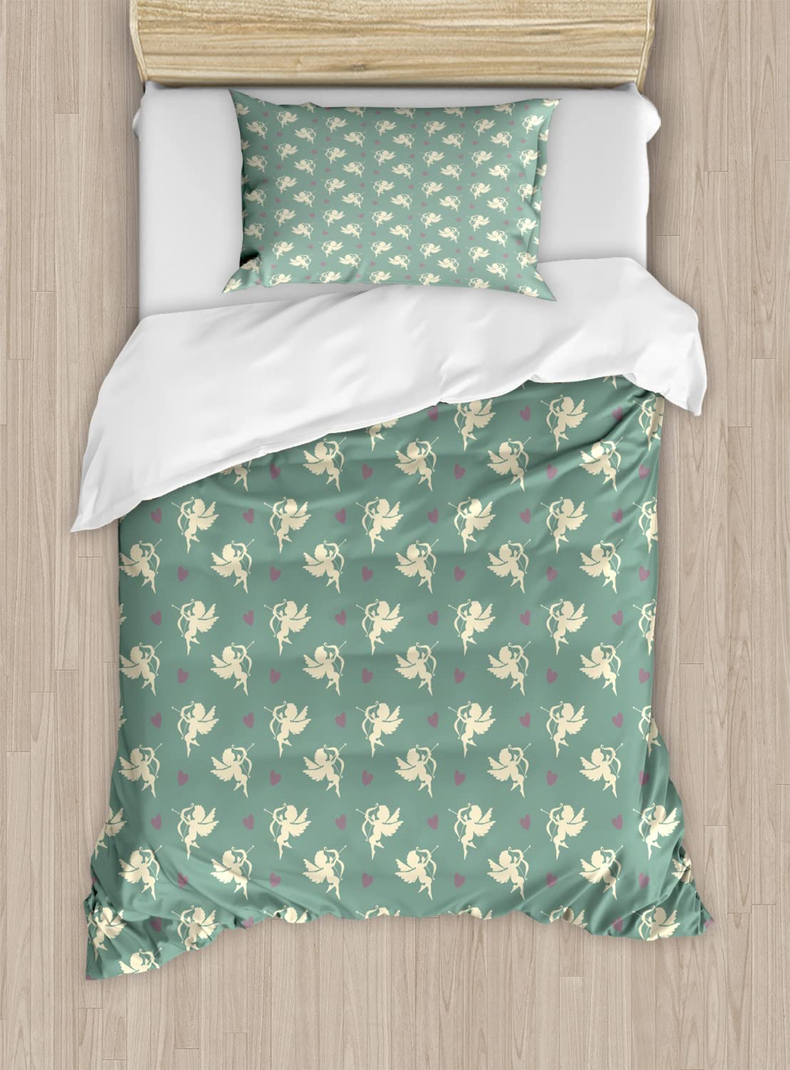Ambesonne Greek Romance Cupid Silhouette Duvet Cover Set - 2 Pack Cal King Size with 4 Pillowcases, Jade Green Purple Cream Hearts Print Bedding | Perfect for Master Bedroom, Guest Room & Romantic Decor