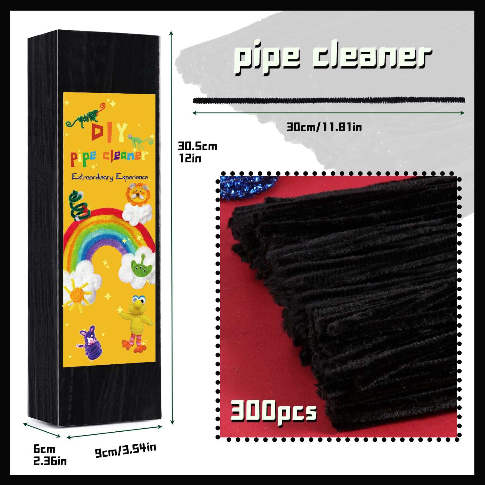 300PCS Black Pipe Cleaners Chenille Stems - Fuzzy Sticks for DIY Crafts, Hair Accessories, and Creative Decorations - Perfect for School Projects, Home Decor, and Party Supplies