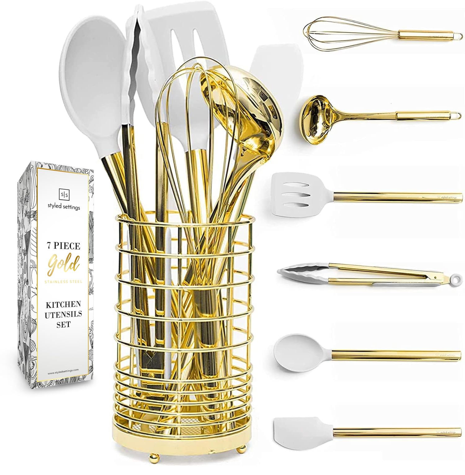 Premium 7-Piece White & Gold Silicone Cooking Utensil Set with Holder - Heat-Resistant Kitchen Tools for Nonstick Cookware - Perfect for Baking, Frying & Modern Kitchen Decor - Luxury Cooking Gift Set for Home Chefs