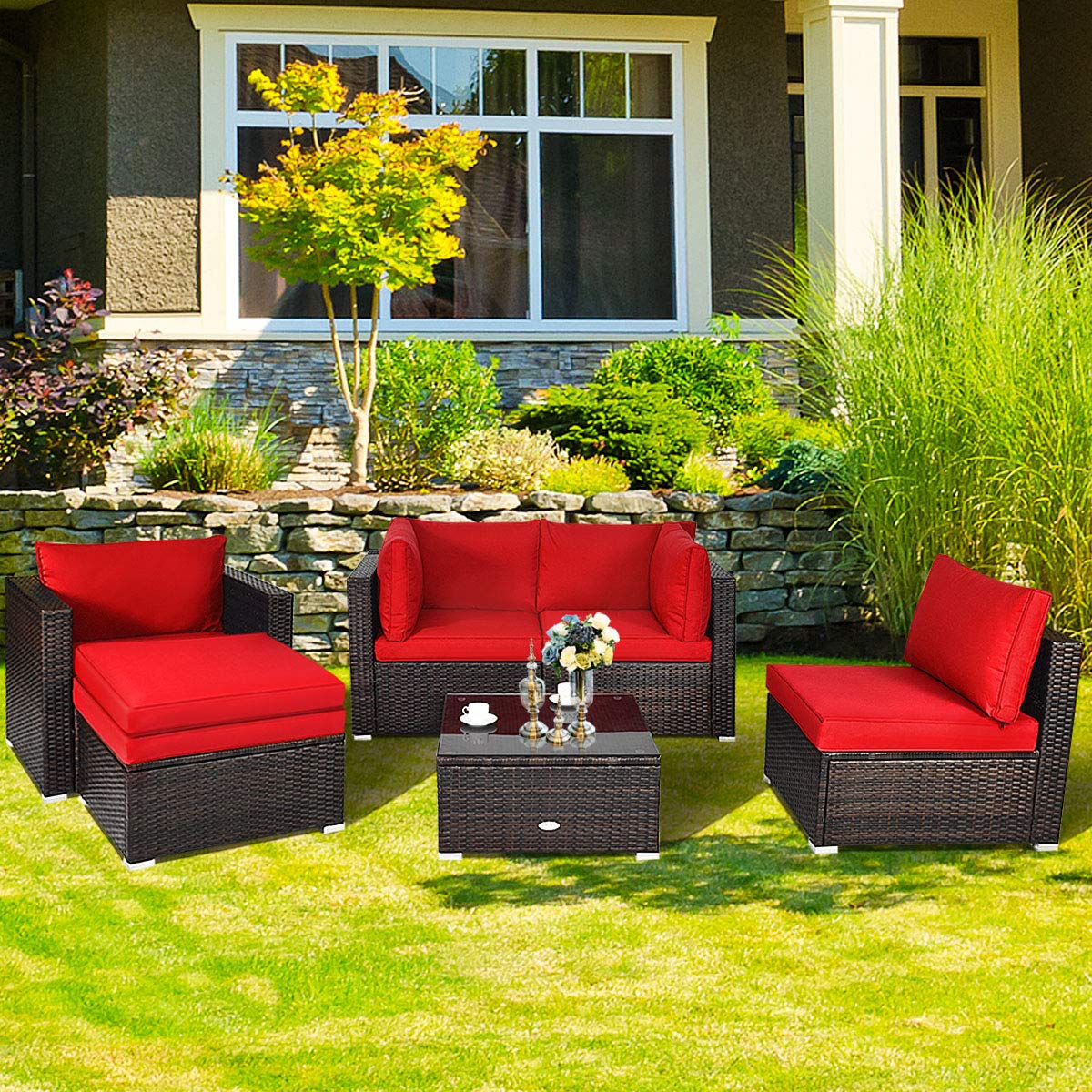 HappyGrill 6-Piece Patio Conversation Set - Outdoor Rattan Wicker Sectional Sofa with Cushions, Coffee Table & Ottoman - Perfect for Backyard, Garden, Poolside & Patio Relaxation