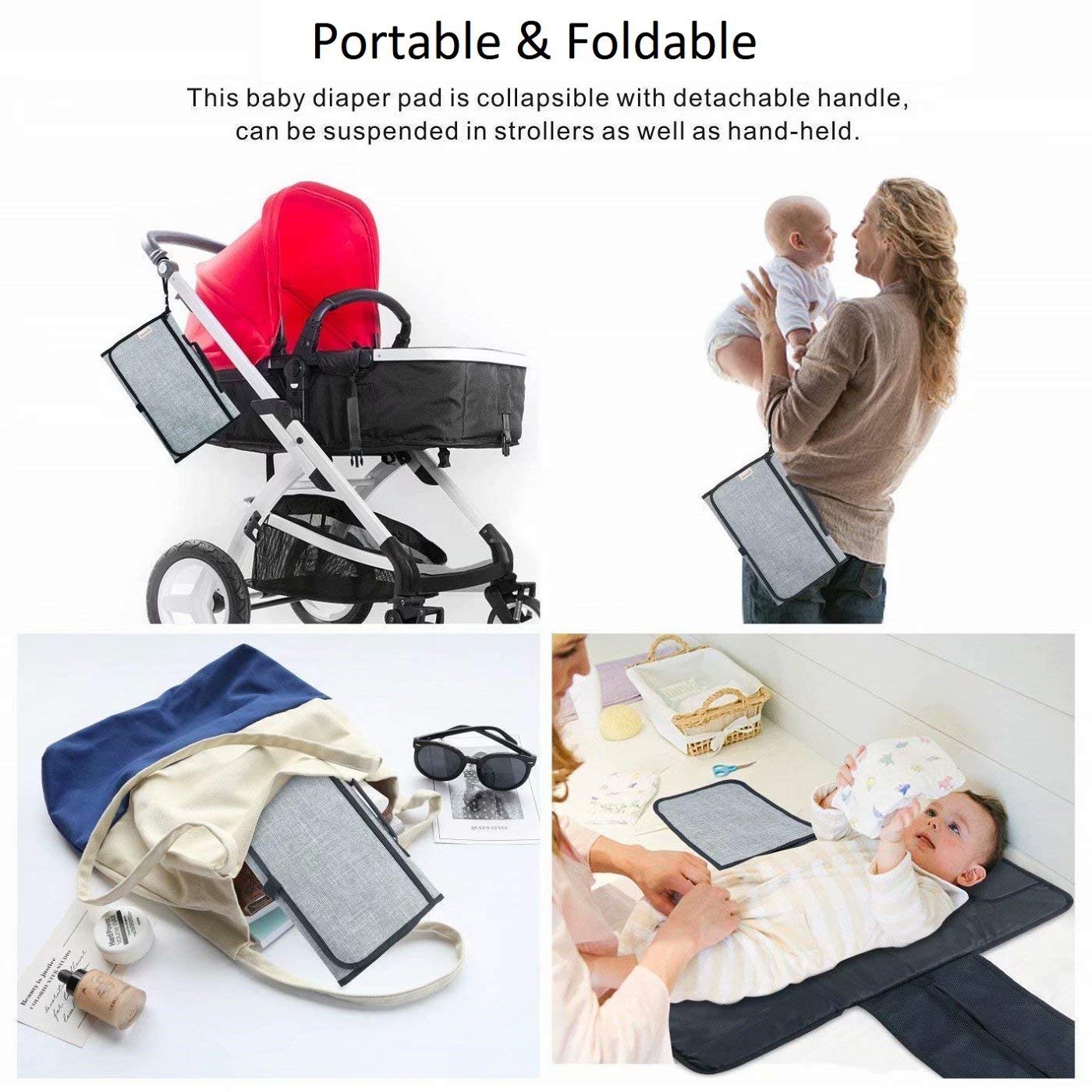 Waterproof Portable Diaper Changing Pad with Head Cushion & Storage Pockets - Foldable Travel Baby Changing Mat for Home, Nursery, Car & Outdoor Use