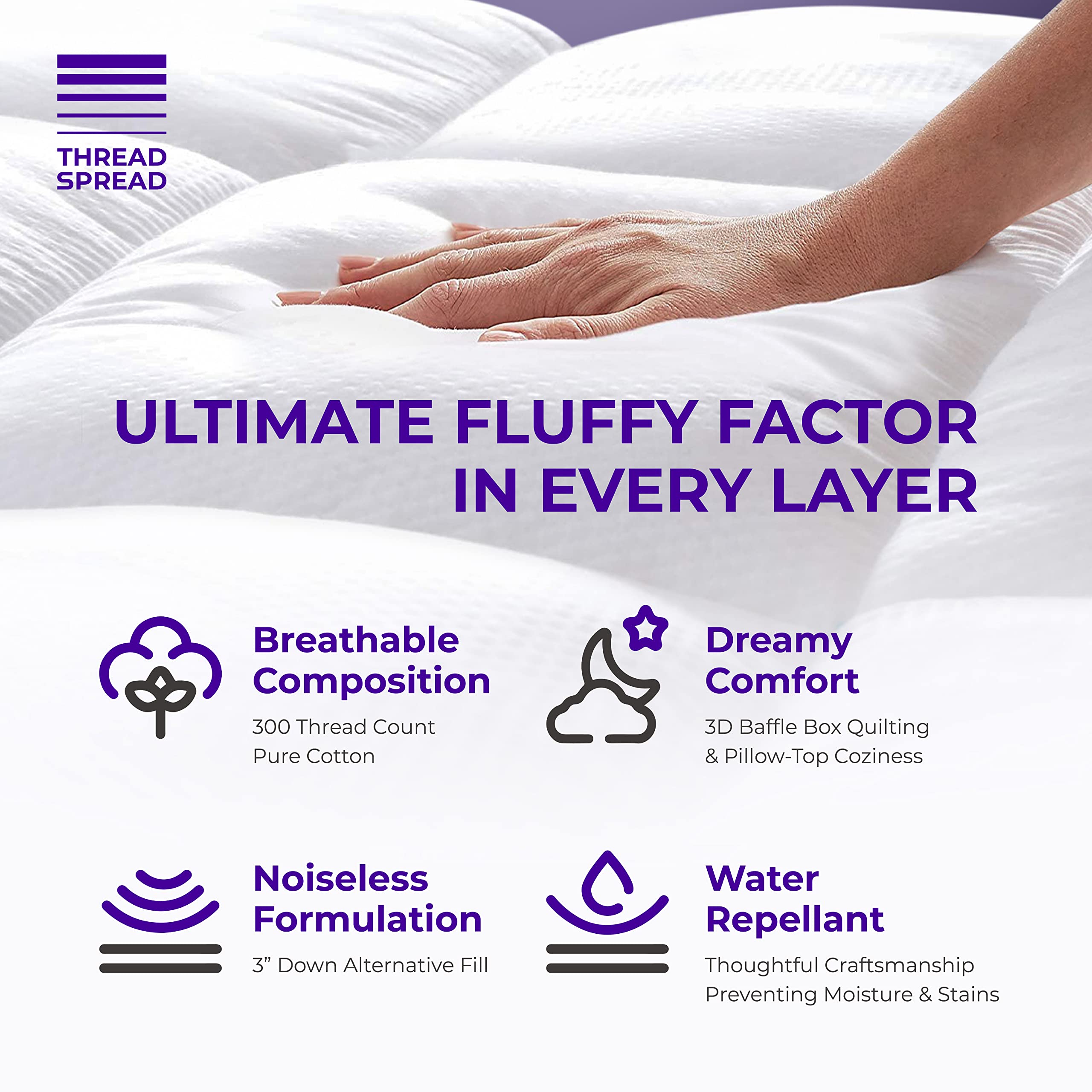 THREAD SPREAD Queen Cooling Mattress Topper - 100% Cotton Soft Fabric, Breathable Quilted Down Alternative Filling | Pillow-Top Design for Optimal Comfort & Temperature Regulation | Fits Queen Beds with Deep Pocket (16-18