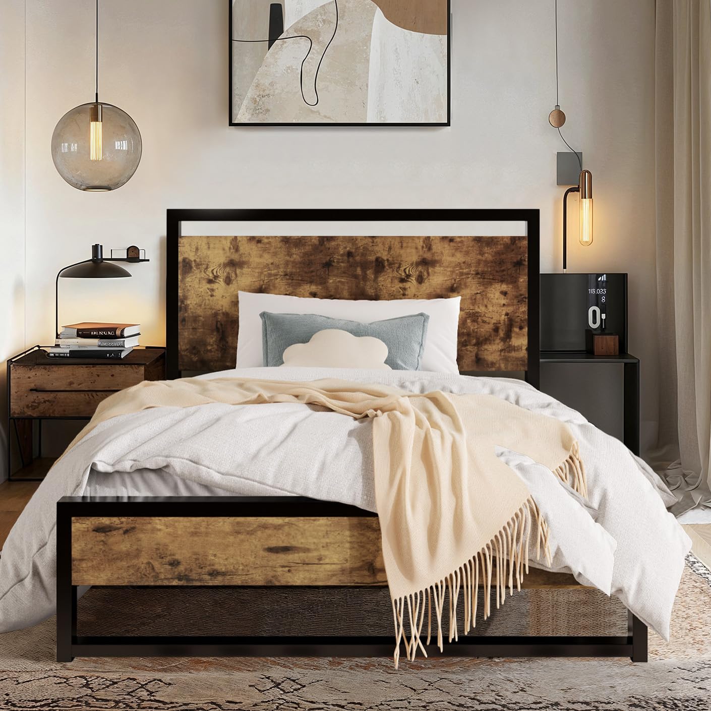 Allewie Twin Bed Frame with Rustic Headboard & Footboard - Sturdy Metal Frame, No Box Spring Needed in Rustic Brown - Perfect for Kids Rooms, Guest Bedrooms & Farmhouse Style Decor