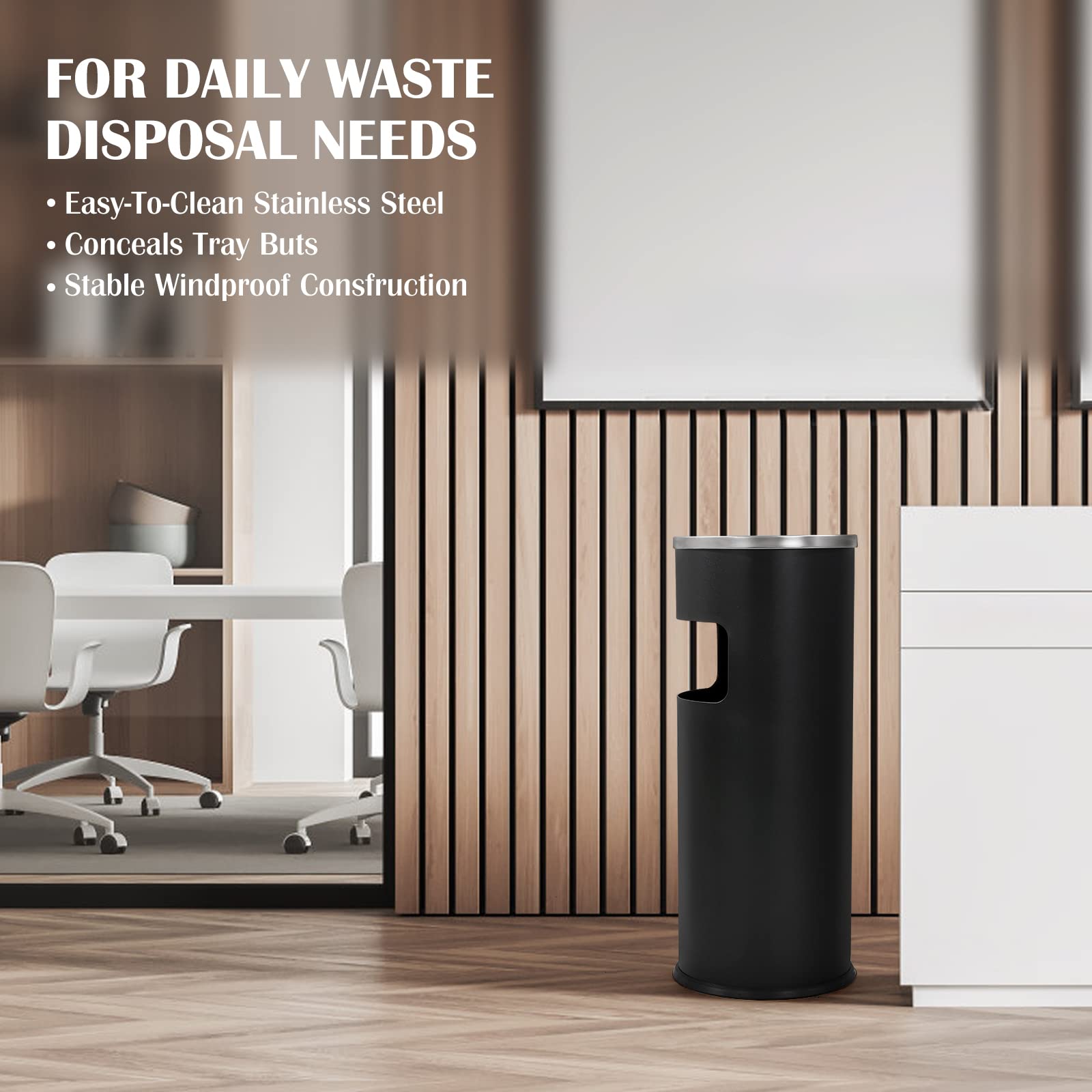 Stainless Steel Outdoor Trash Can with Removable Inner Bucket - 9.8 x 24 Inch Commercial Waste Bin for Patio, Garden & Restaurant Use - Durable Round Garbage Container (Black)