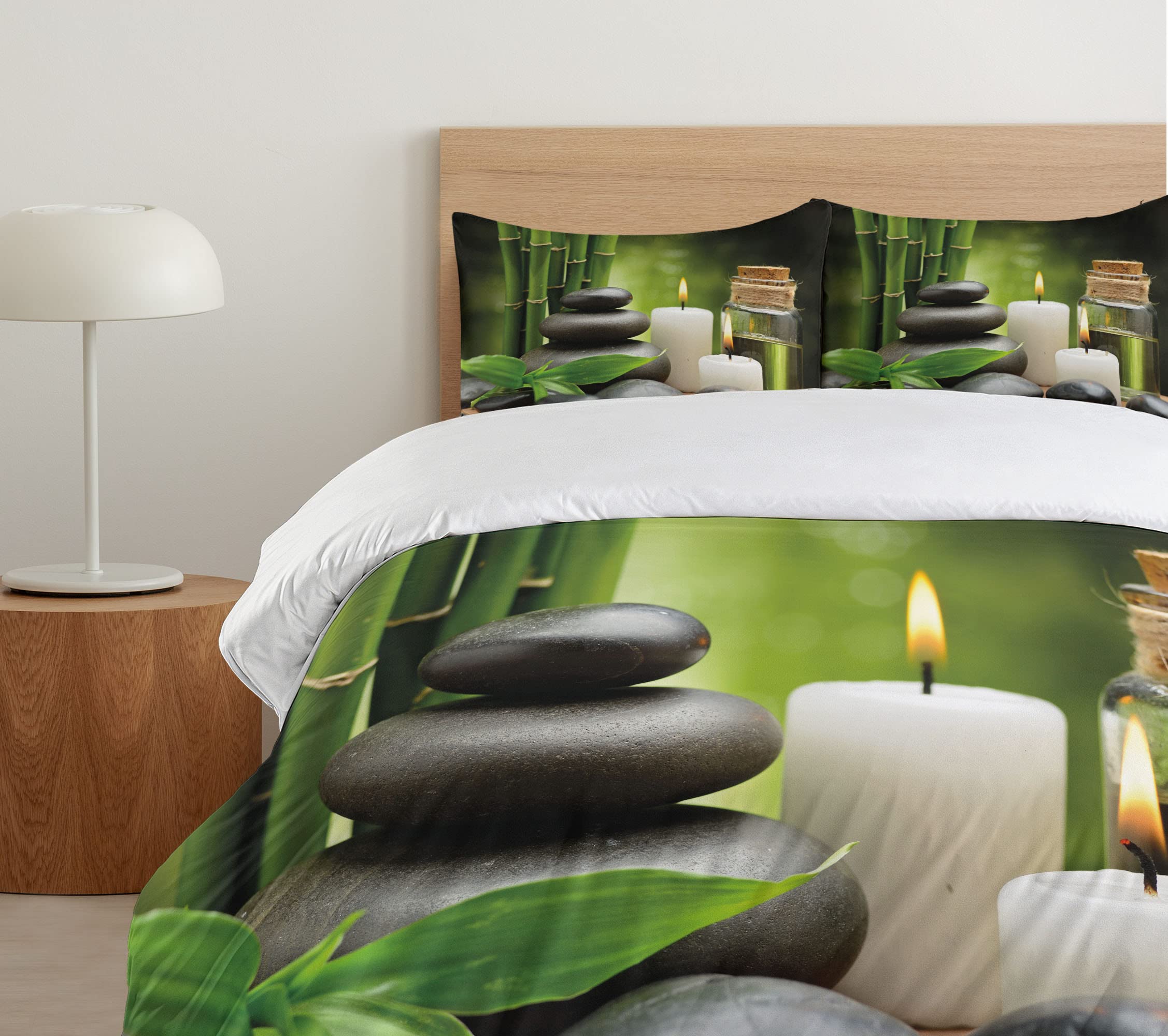 Ambesonne Spa Themed Duvet Cover Set - Exotic Rocks, Candles & Tropical Trees Print on Blurry Background, 3-Piece Bedding Set with 2 Pillow Shams, California King Size, White Black Green | Perfect for Relaxing Bedroom Decor, Spa Retreats & Tropical Vacation Vibes