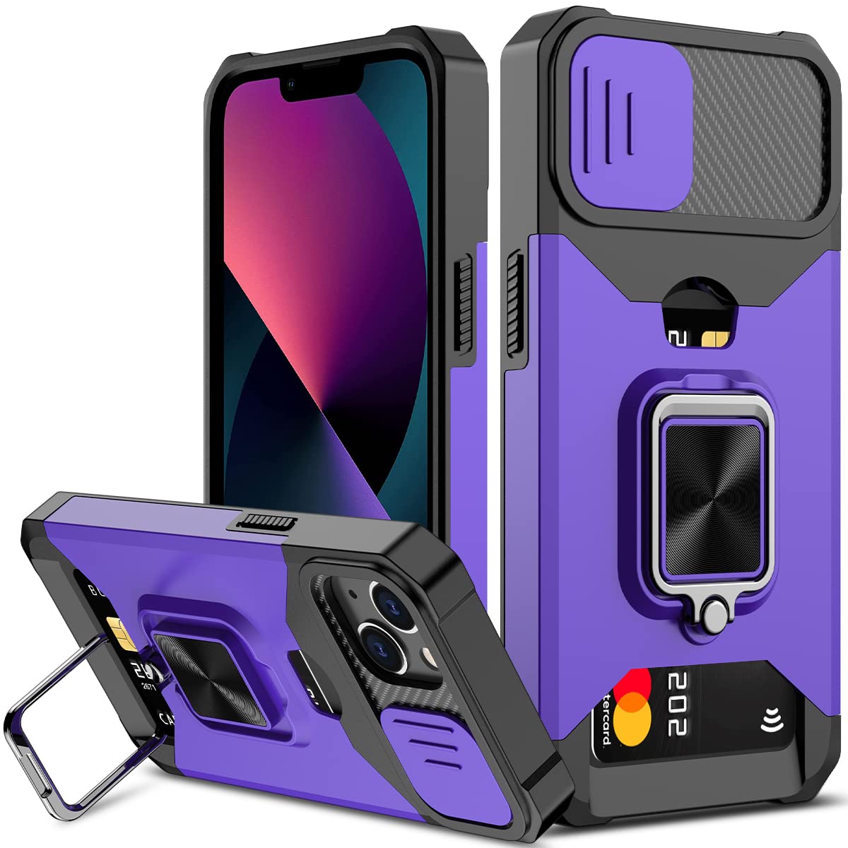 Premium Heavy Duty Protective iPhone 13 Case with Sliding Camera Cover, Built-in Card Holder & Magnetic Kickstand - 6.1 Inch Shockproof Phone Cover (Purple) - Perfect for Daily Use, Travel, and Outdoor Activities