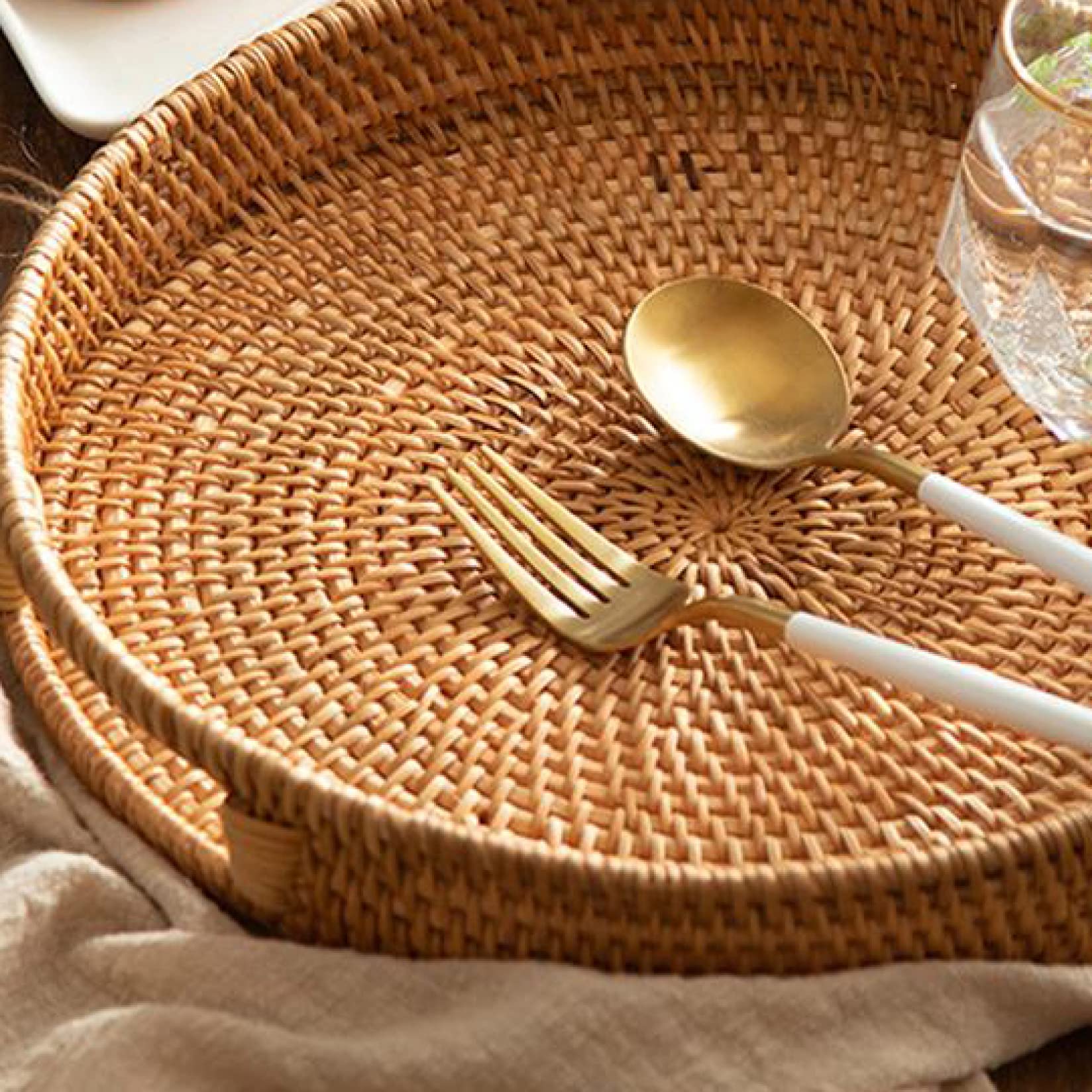 Handmade Woven Rattan Fruit Basket with Handle - Multipurpose Storage Tray for Afternoon Tea, Picnics, Kitchen Organization & Home Decor